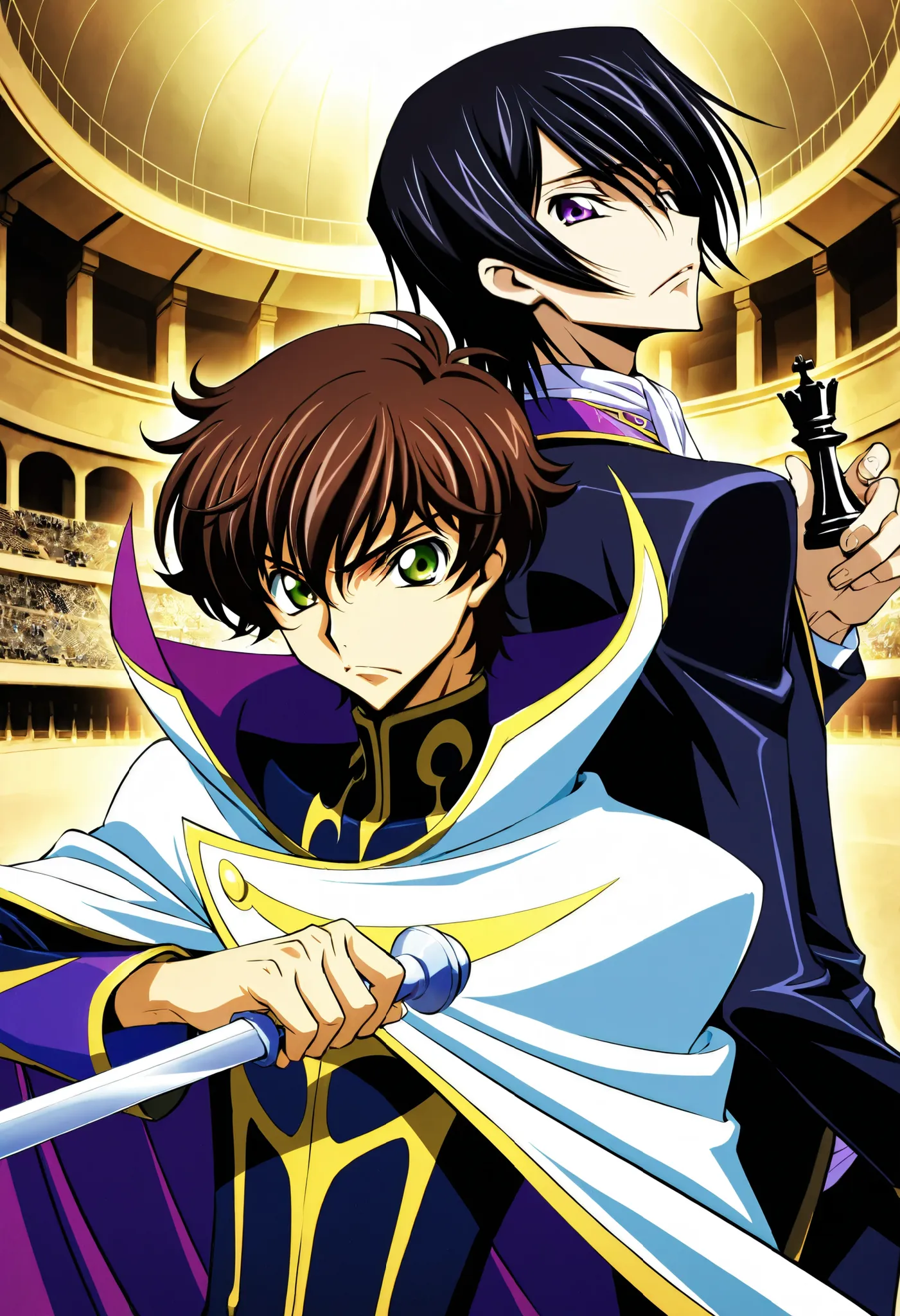 2boys, multiple boys BREAK lelouch vi britannia\(code geass\), adult, skinny, black hair, purple eyes, short hair, holding a sword, black suit BREAK kururugi suzaku\(code geass\), adult, skinny, short hair, brown hair, green eyes, white cape, holding chess...