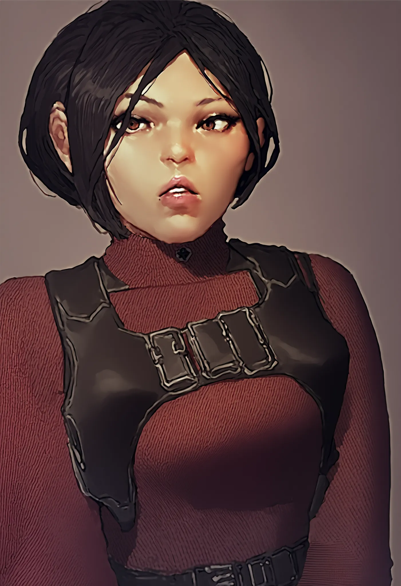 score_9, score_8_up, score_7_up, source_anime, realistic, BREAK 1girl, solo, lips, lipstick, eyeliner, makeup, parted lips,  adasweater, black hair, short hair, black eyes, red sweater, turtleneck, harness, pantyhose, black gloves, belt