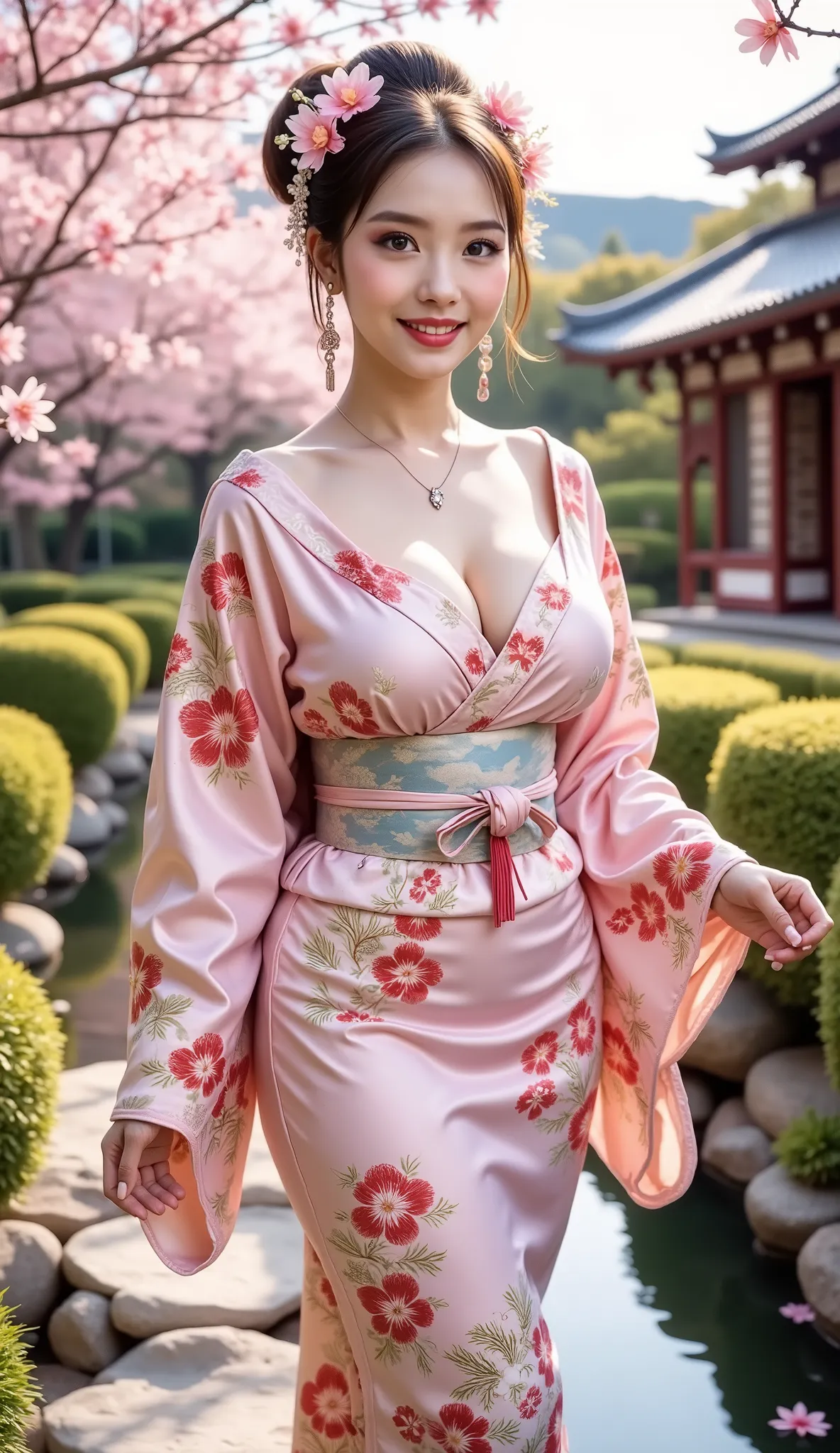 A plump muscle beautiful young woman standing gracefully happy vibes beauty smile in a traditional Japanese garden during cherry blossom season. She is wearing a soft pink floral kimono with elegant patterns and a matching obi belt in oiran style, big brea...