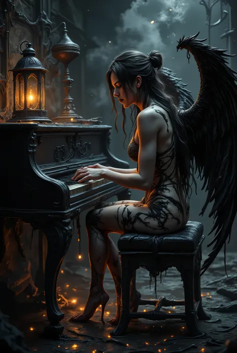 A hauntingly beautiful figure with long, flowing black hair sits before a dark, ornate piano. An old-fashioned candle-lit lantern sits above the piano. Her body is covered in a glowing, ink-like substance that flows and drips, giving her an ethereal and ha...