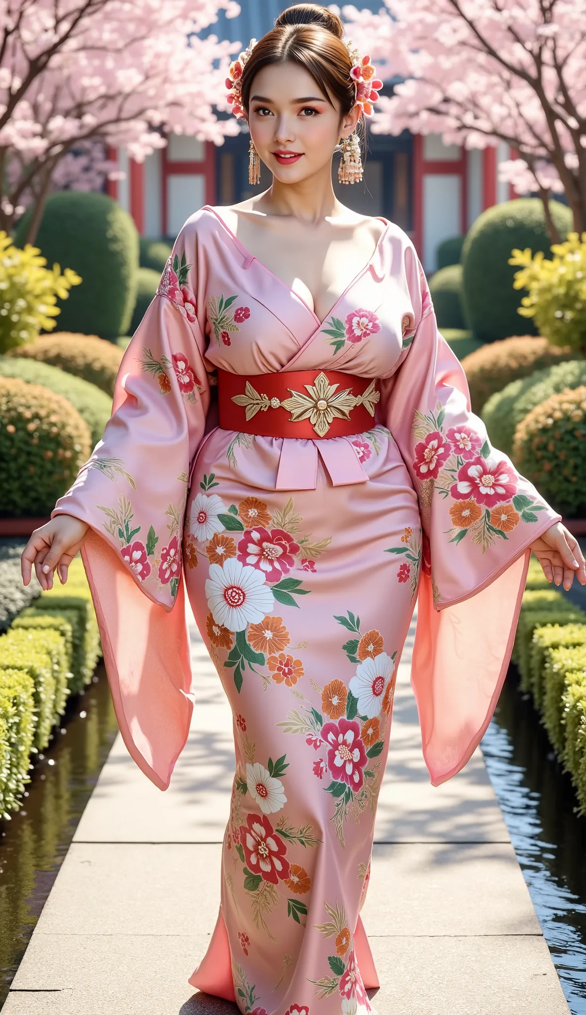 A plump muscle woman ( 34years old)  standing gracefully happy vibes beauty smile in a traditional Japanese garden during cherry blossom season. She is wearing a soft pink floral kimono with elegant patterns and a matching obi belt in oiran style, big brea...