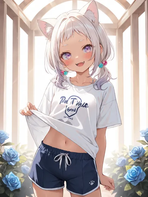 ((Masterpiece)), ((best quality, very aesthetic, absurdres, newest)), (wide shot), (8K), (cinematic lighting), ((1girl)), (cute young girl), (Healthy body, Textured skin, small breast, tilt head), ((platinum-gold hair)), Textured skin, (thin T-shirt, shirt...