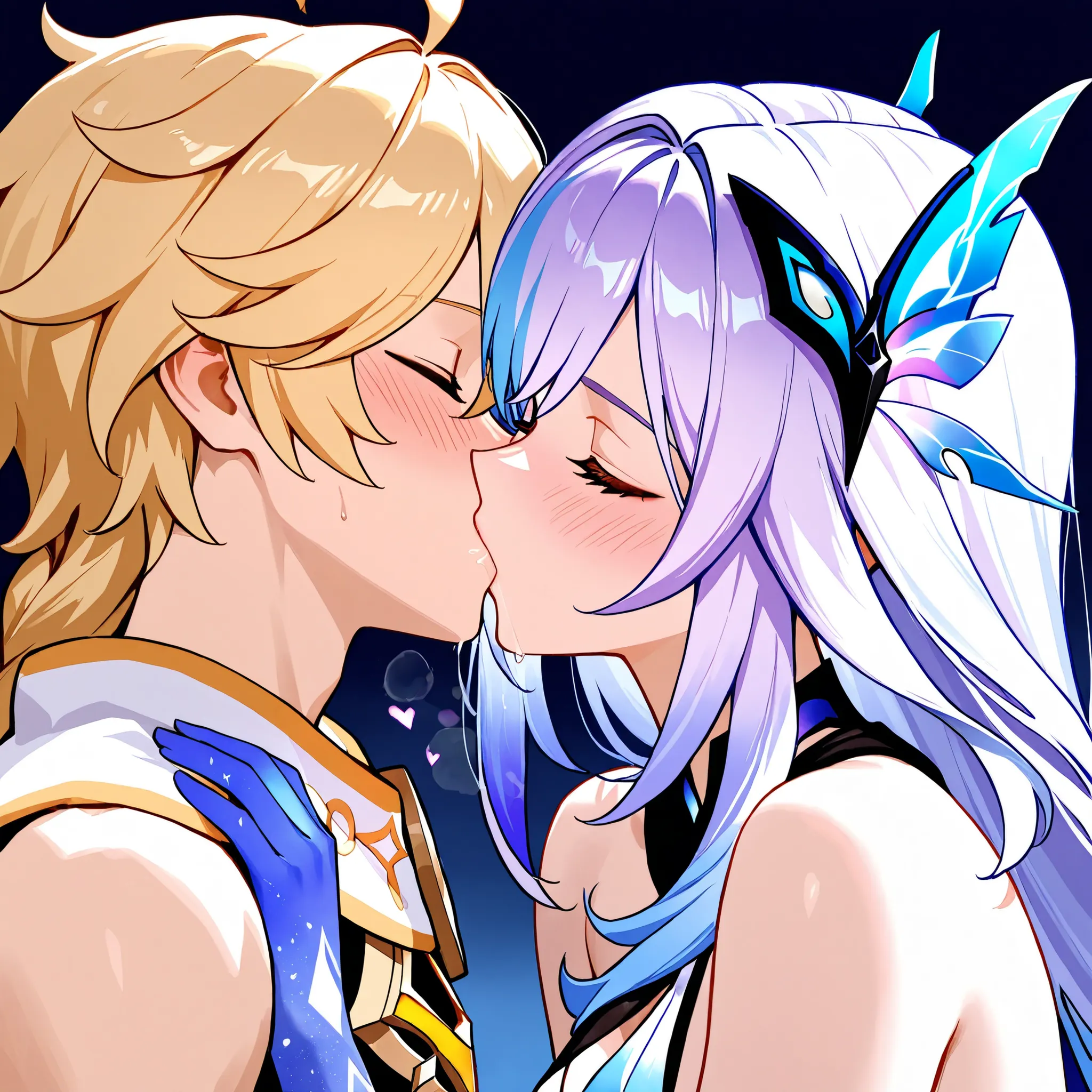 1 girl only, Skirk and Aether, from the video game Genshin Impact, both kiss passionately