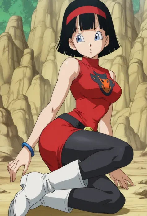 masterpiece, best quality, 1girl, solo, dbsvidel, Black hair, short hair, bob cut, hairband, red hairband, bangs, blue eyes, Dress, red dress, Printed dress, short dress, turtleneck dress, tight dress, sleeveless, medium breasts, bracelets, belt, black belt, pantyhose, black pantyhose, boots, white boots.