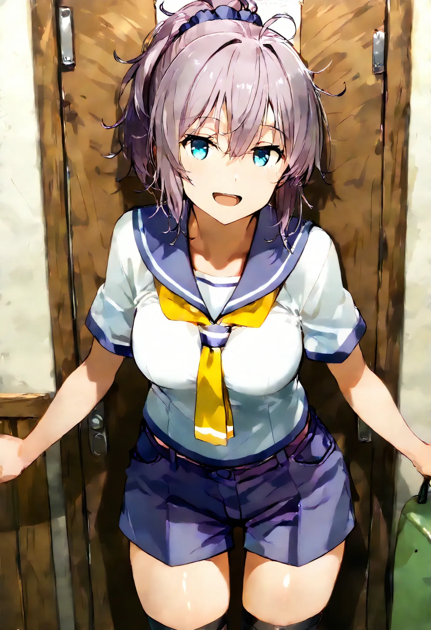 Aoba (KANCOLLE))
one girl, solos, detailed skin, Smiling, Open your mouth,
score_9,score_8_up, score_7_up, Source_Anime, masterpiece, top quality, official art, official style,  game CG, 
aobakc, purple_hair, messy hair, short ponytail, blue eyes, aqua eye...