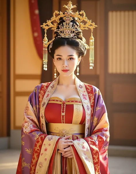 [CHARACTER: Tang Dynasty Imperial Noblewoman]  
Appearance: A breathtakingly beautiful Chinese woman with luminous porcelain skin, elegant oval face, soft round eyes, and an aura of authority mixed with sensuality.  
Outfit: Wearing an **extravagant Tang D...