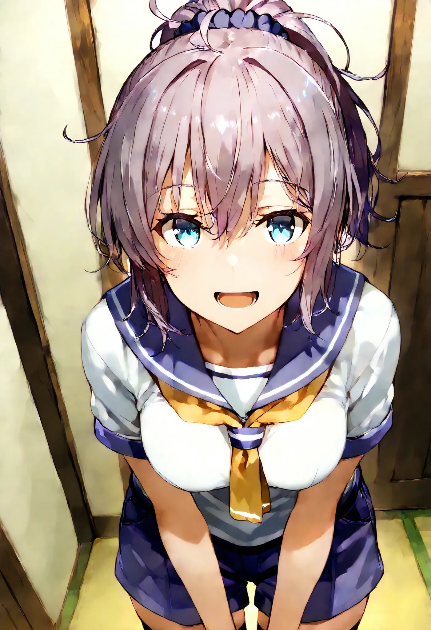 Aoba (KANCOLLE))
one girl, solos, detailed skin, Smiling, Open your mouth,
score_9,score_8_up, score_7_up, Source_Anime, masterpiece, top quality, official art, official style,  game CG, 
aobakc, purple_hair, messy hair, short ponytail, blue eyes, aqua eye...
