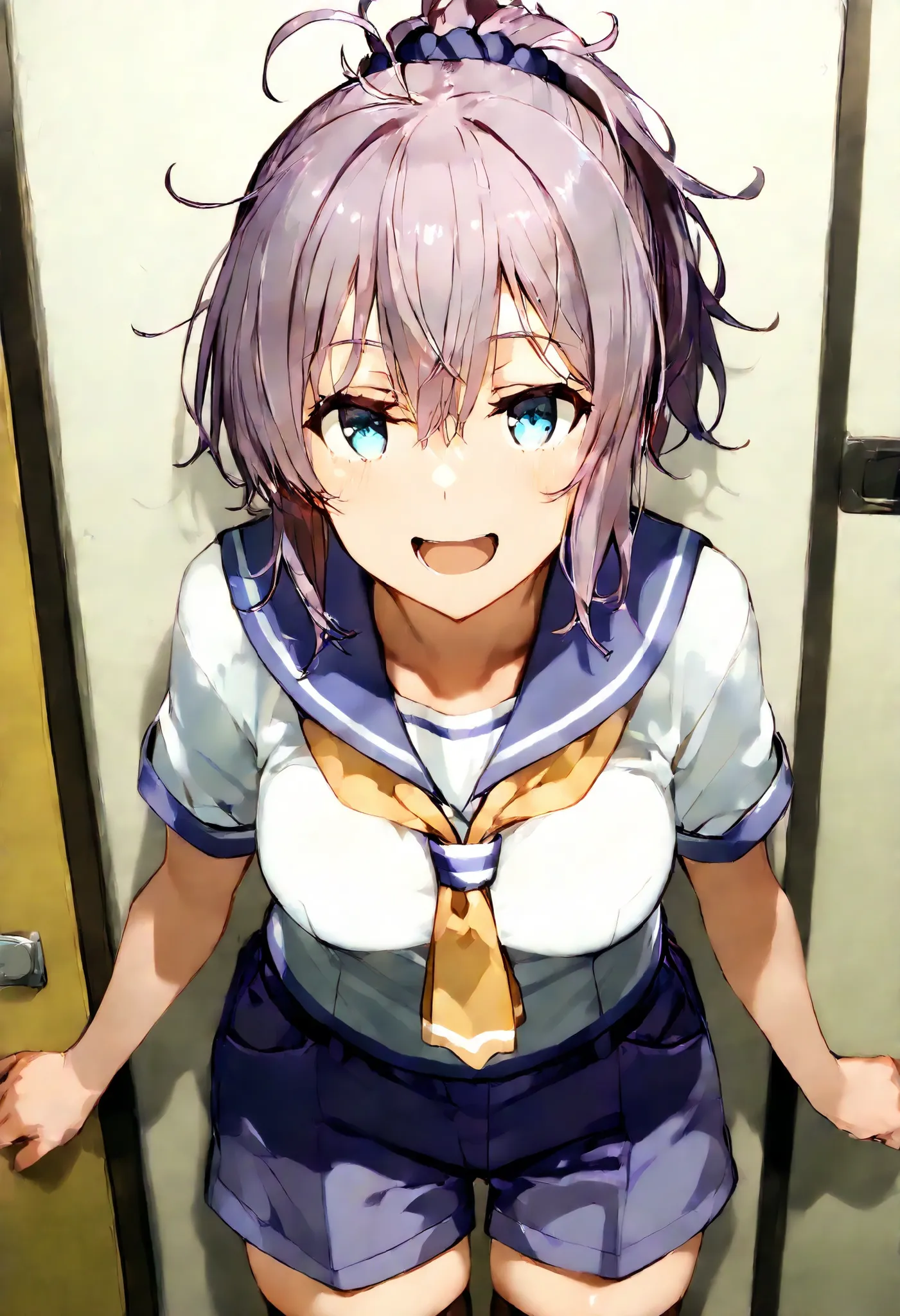 Aoba (KANCOLLE))
one girl, solos, detailed skin, Smiling, Open your mouth,
score_9,score_8_up, score_7_up, Source_Anime, masterpiece, top quality, official art, official style,  game CG, 
aobakc, purple_hair, messy hair, short ponytail, blue eyes, aqua eye...