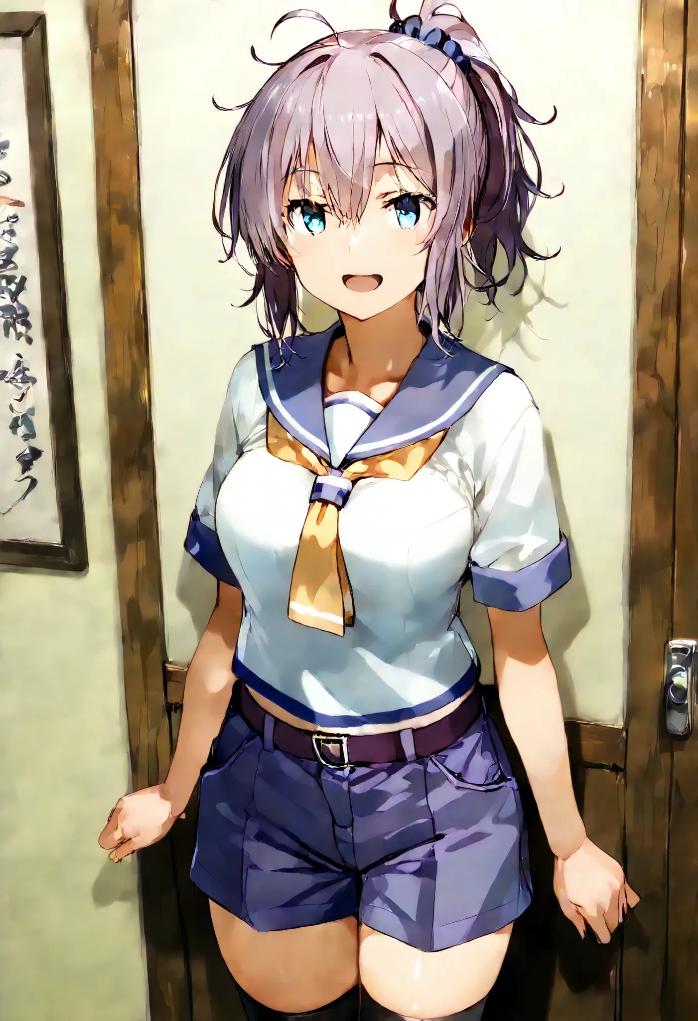 Aoba (KANCOLLE))
one girl, solos, detailed skin, Smiling, Open your mouth,
score_9,score_8_up, score_7_up, Source_Anime, masterpiece, top quality, official art, official style,  game CG, 
aobakc, purple_hair, messy hair, short ponytail, blue eyes, aqua eye...