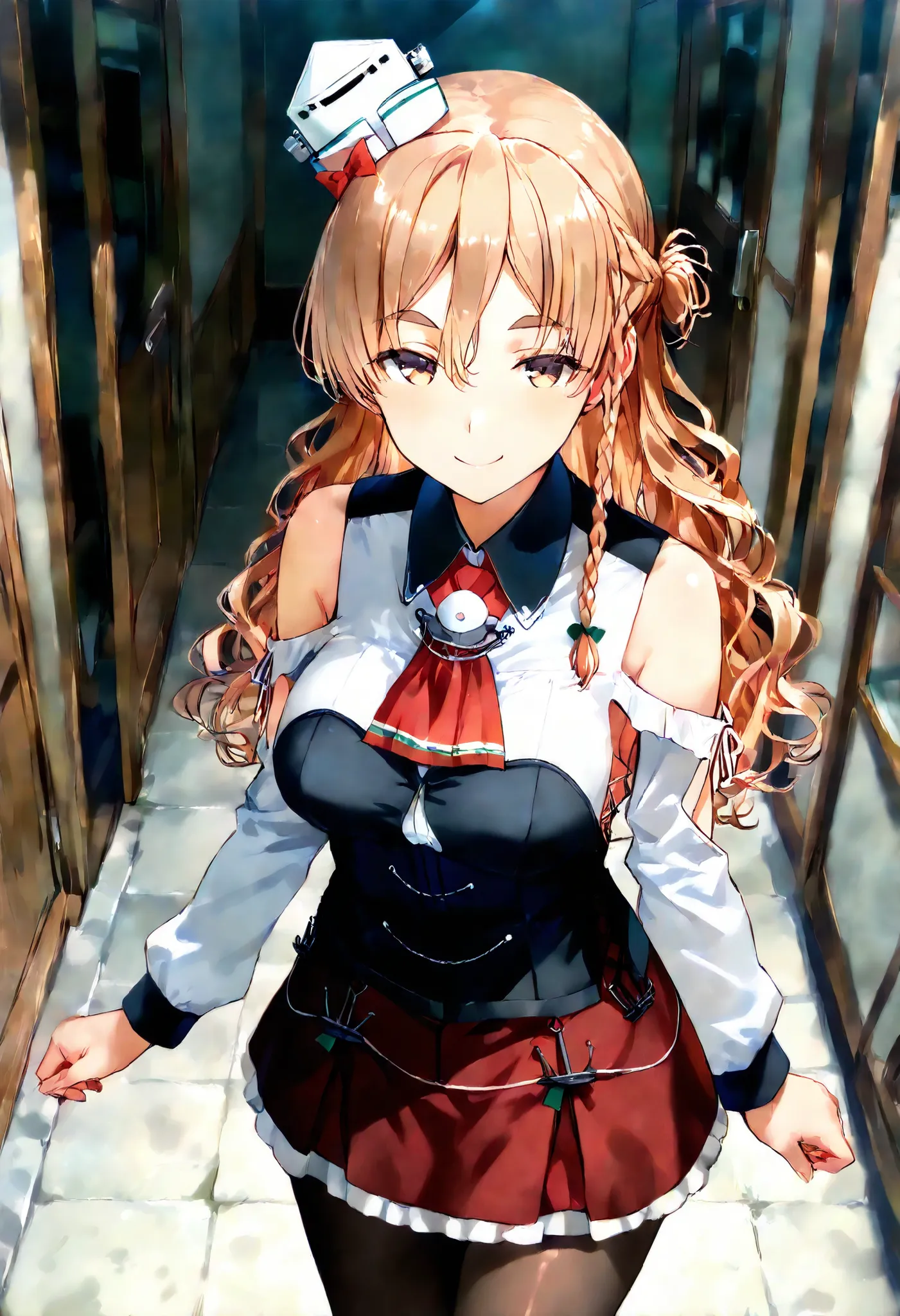 Zara (KANCOLLE))
one girl, solos, detailed skin, Smiling, 
score_9,score_8_up, score_7_up, Source_Anime, masterpiece, top quality, official art, official style,  game CG, 
zaraKC, long hair,skirt, shirt, long sleeves, bare shoulders, braid, pantyhose, mini...