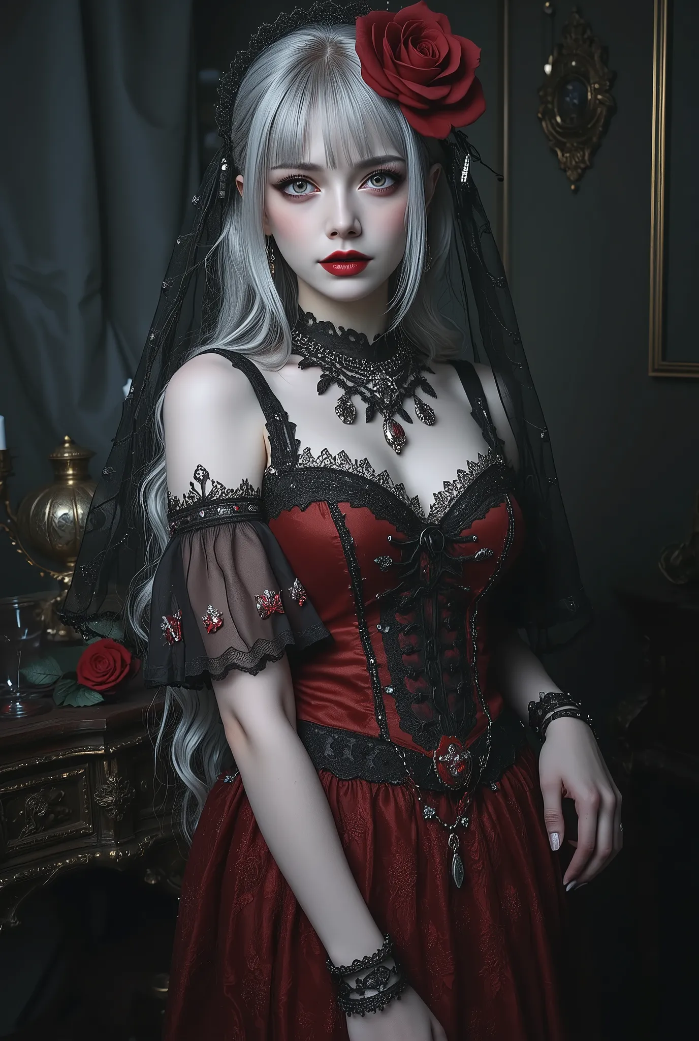 fashion portrait,artist photoshoot,1girl,silver hair,red and black dress,trim,pale skin,makeup,midriff,rose,goth,horror \(theme\),in victorian goth room,realistic photo,dramatic,
