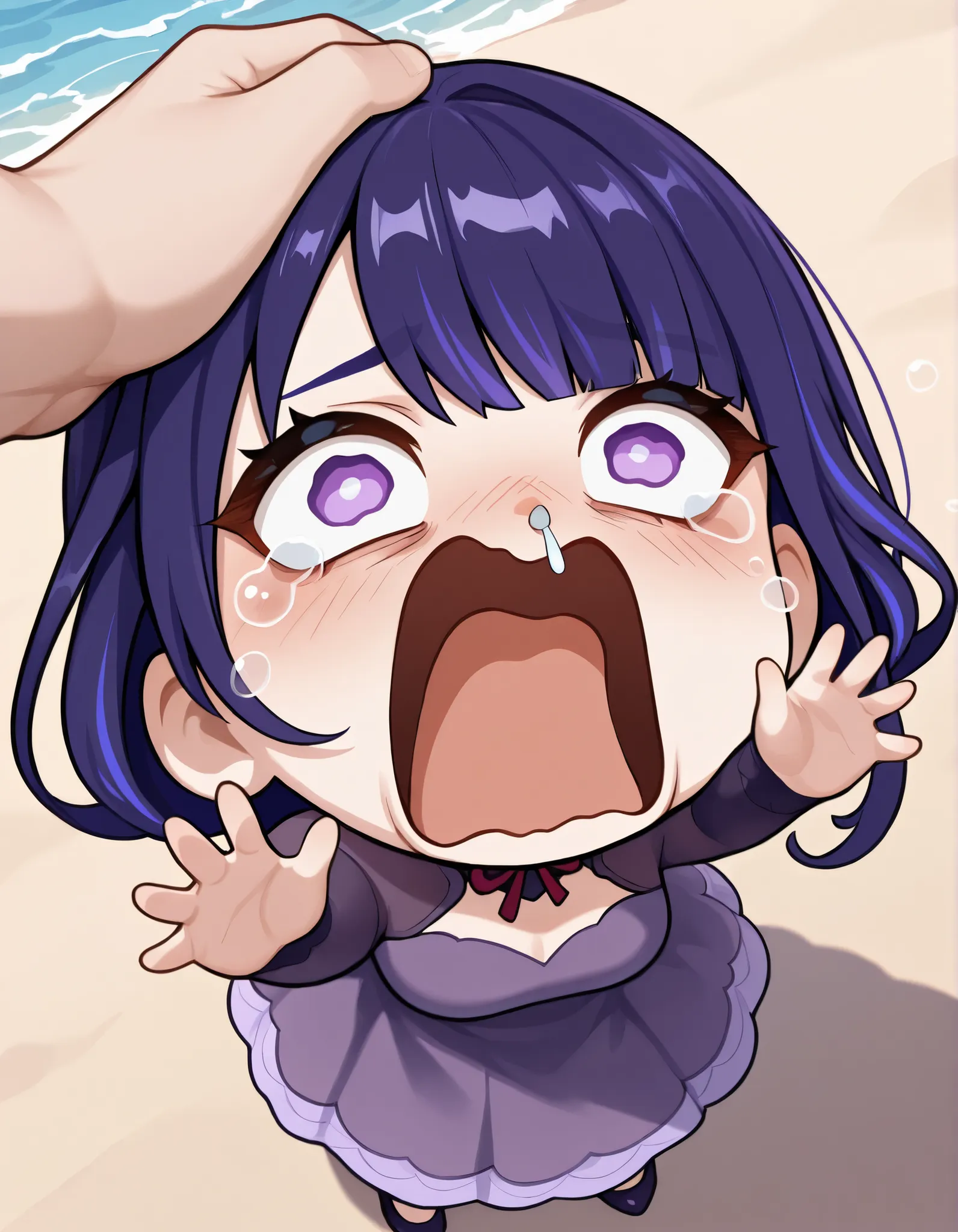 1girl, mature female, (chibi , deformed, big head, tiny proportions, tiny body, cute , funny, simplified, large eyes, cartoon style, round face), purple hair , purple eyes, (raiden shogun from genshin impact), (high heels, medium dress, purple dress), full...