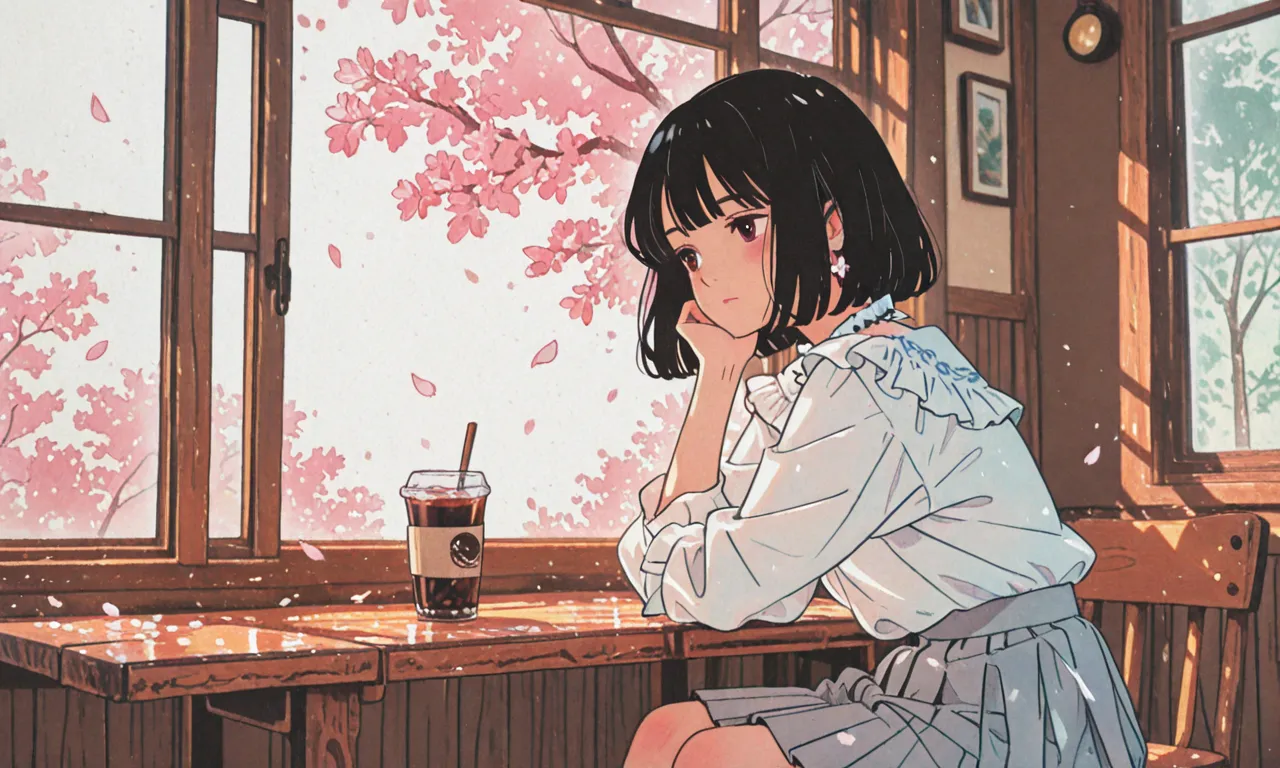 anime-style hand-drawn illustration, a refined woman with short black bob hair sitting by the window inside a traditional Japanese machiya café during a warm spring afternoon, wearing a clean white blouse with subtle ruffle collar and light gray pleated sk...