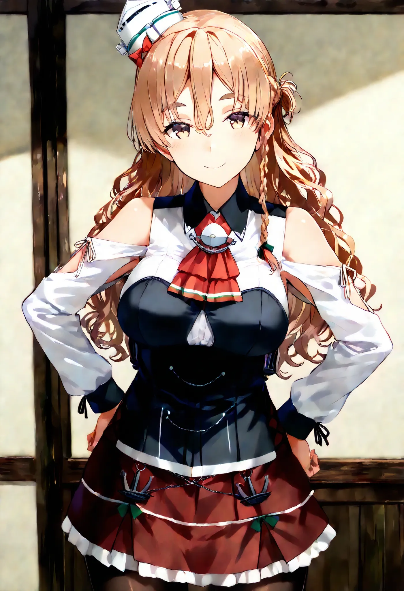Zara (KANCOLLE))
one girl, solos, detailed skin, Smiling, 
score_9,score_8_up, score_7_up, Source_Anime, masterpiece, top quality, official art, official style,  game CG, 
zaraKC, long hair,skirt, shirt, long sleeves, bare shoulders, braid, pantyhose, mini...
