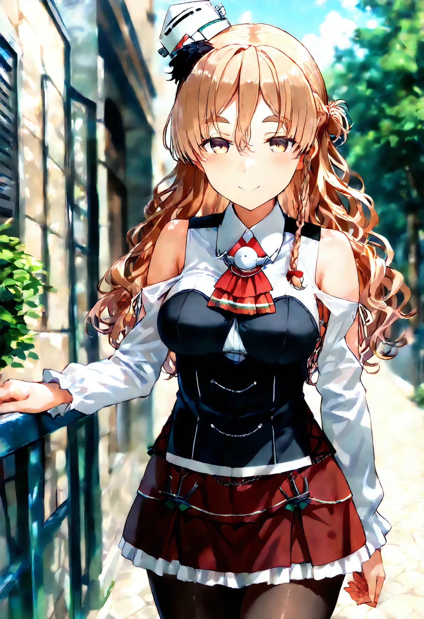 Zara (KANCOLLE))
one girl, solos, detailed skin, Smiling, 
score_9,score_8_up, score_7_up, Source_Anime, masterpiece, top quality, official art, official style,  game CG, 
zaraKC, long hair,skirt, shirt, long sleeves, bare shoulders, braid, pantyhose, mini...