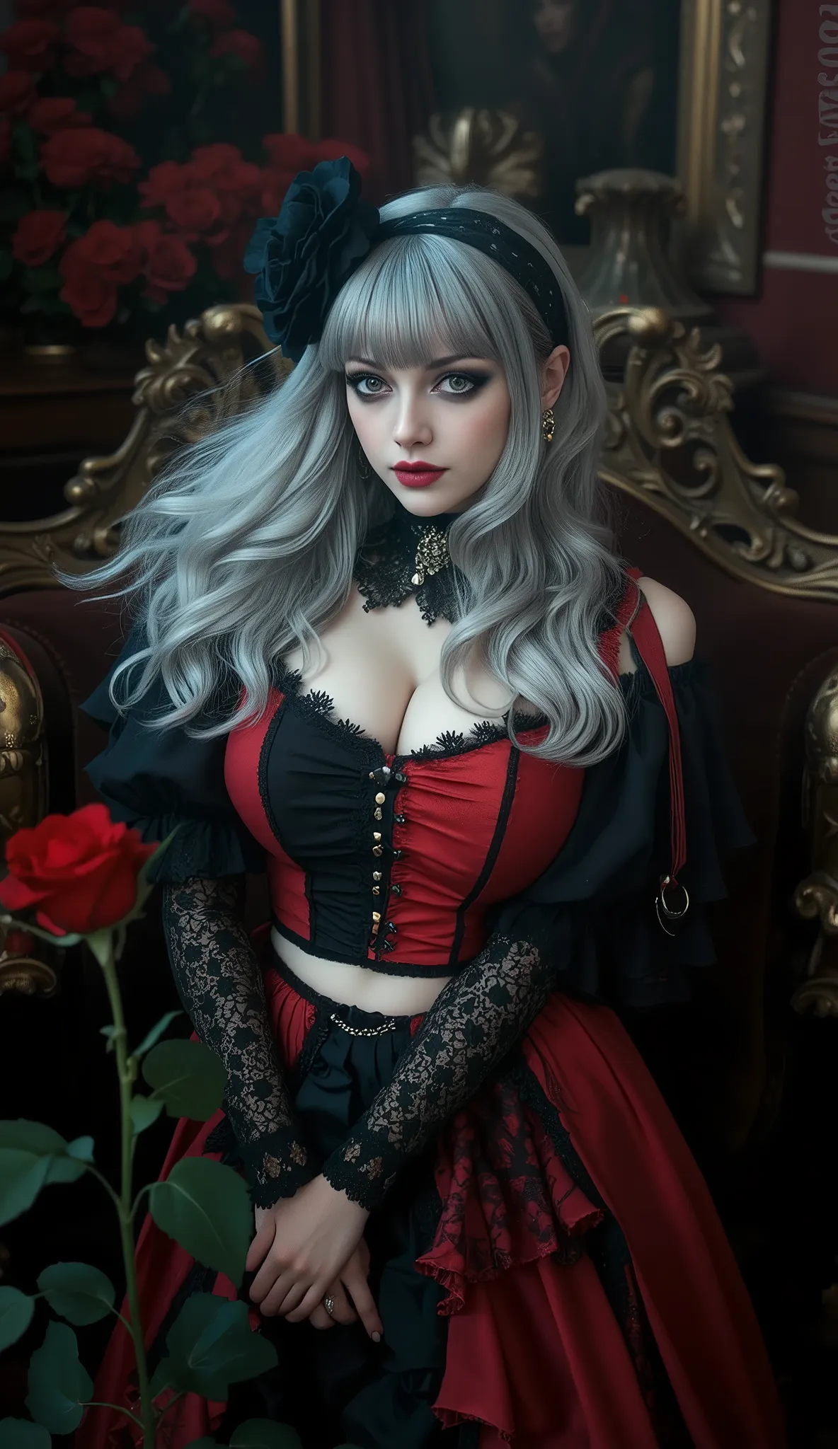 fashion portrait,artist photoshoot,1girl,silver hair,red and black dress,trim,pale skin,makeup,midriff,rose,goth,horror \(theme\),in victorian goth room,realistic photo,dramatic,