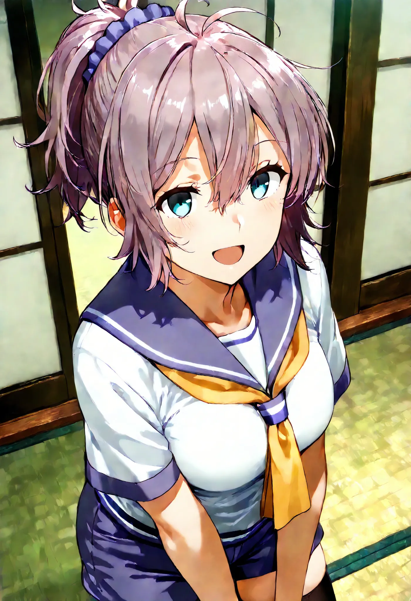 Aoba (KANCOLLE))
one girl, solos, detailed skin, Smiling, Open your mouth,
score_9,score_8_up, score_7_up, Source_Anime, masterpiece, top quality, official art, official style,  game CG, 
aobakc, purple_hair, messy hair, short ponytail, blue eyes, aqua eye...