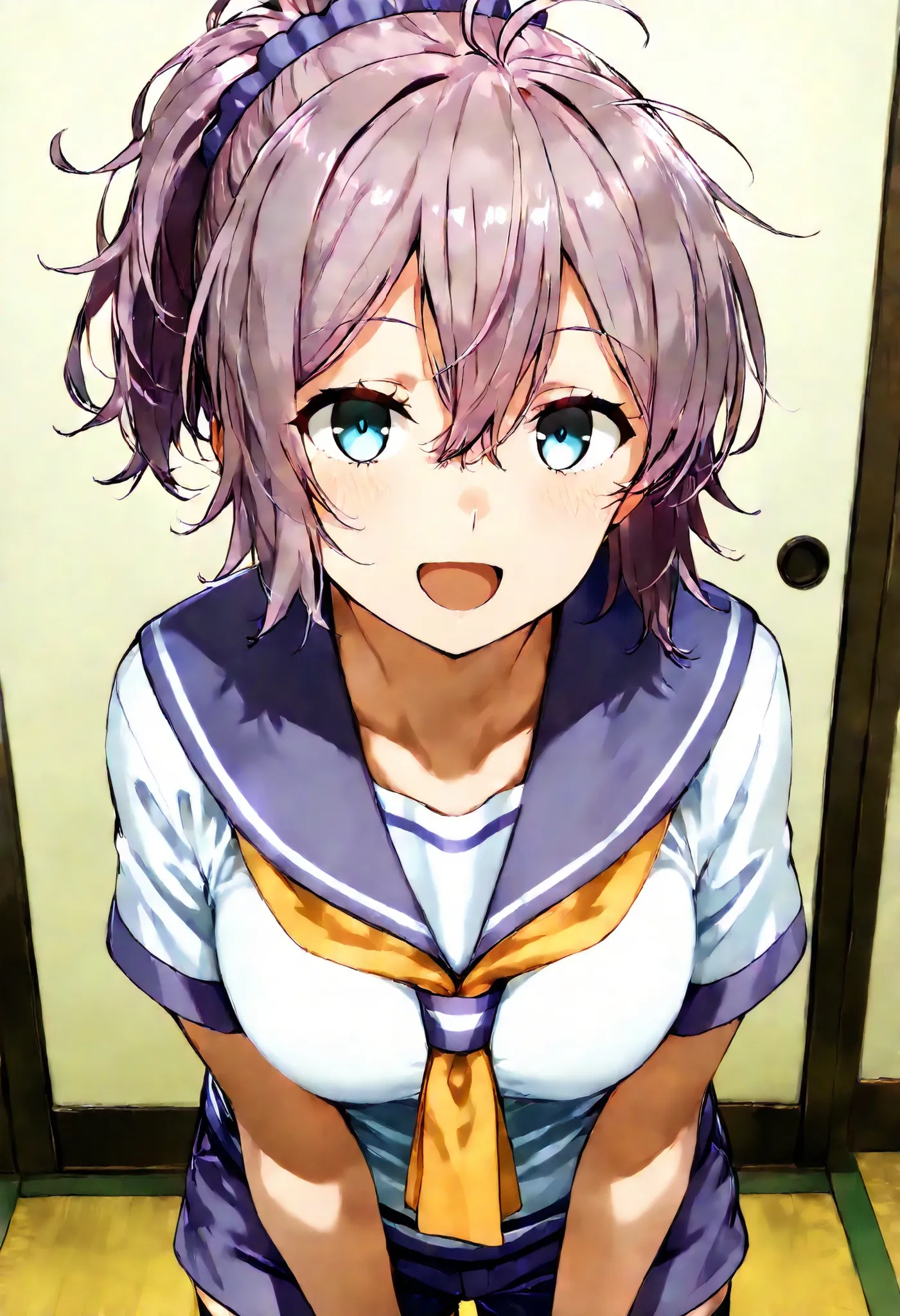 Aoba (KANCOLLE))
one girl, solos, detailed skin, Smiling, Open your mouth,
score_9,score_8_up, score_7_up, Source_Anime, masterpiece, top quality, official art, official style,  game CG, 
aobakc, purple_hair, messy hair, short ponytail, blue eyes, aqua eye...