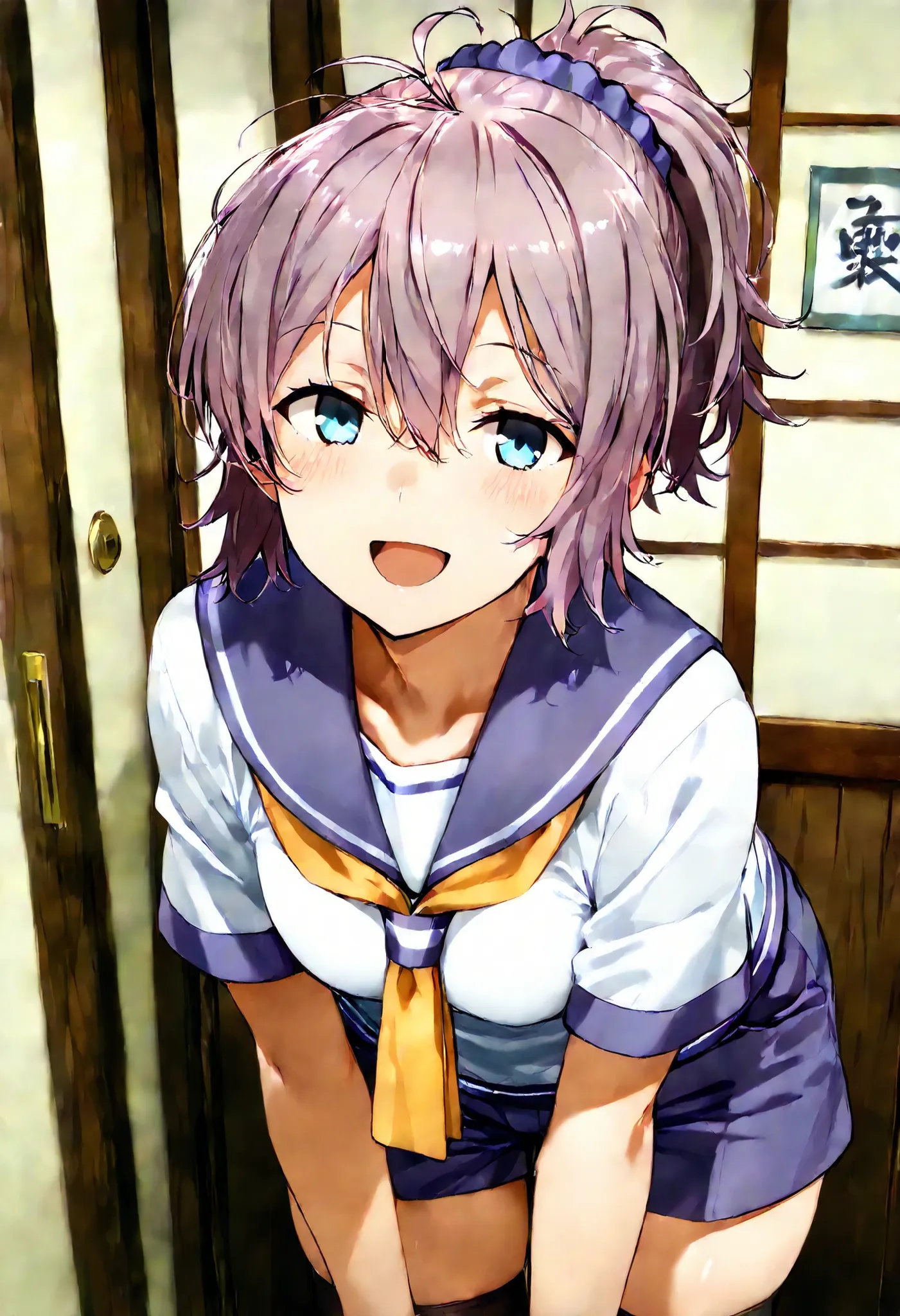 Aoba (KANCOLLE))
one girl, solos, detailed skin, Smiling, Open your mouth,
score_9,score_8_up, score_7_up, Source_Anime, masterpiece, top quality, official art, official style,  game CG, 
aobakc, purple_hair, messy hair, short ponytail, blue eyes, aqua eye...
