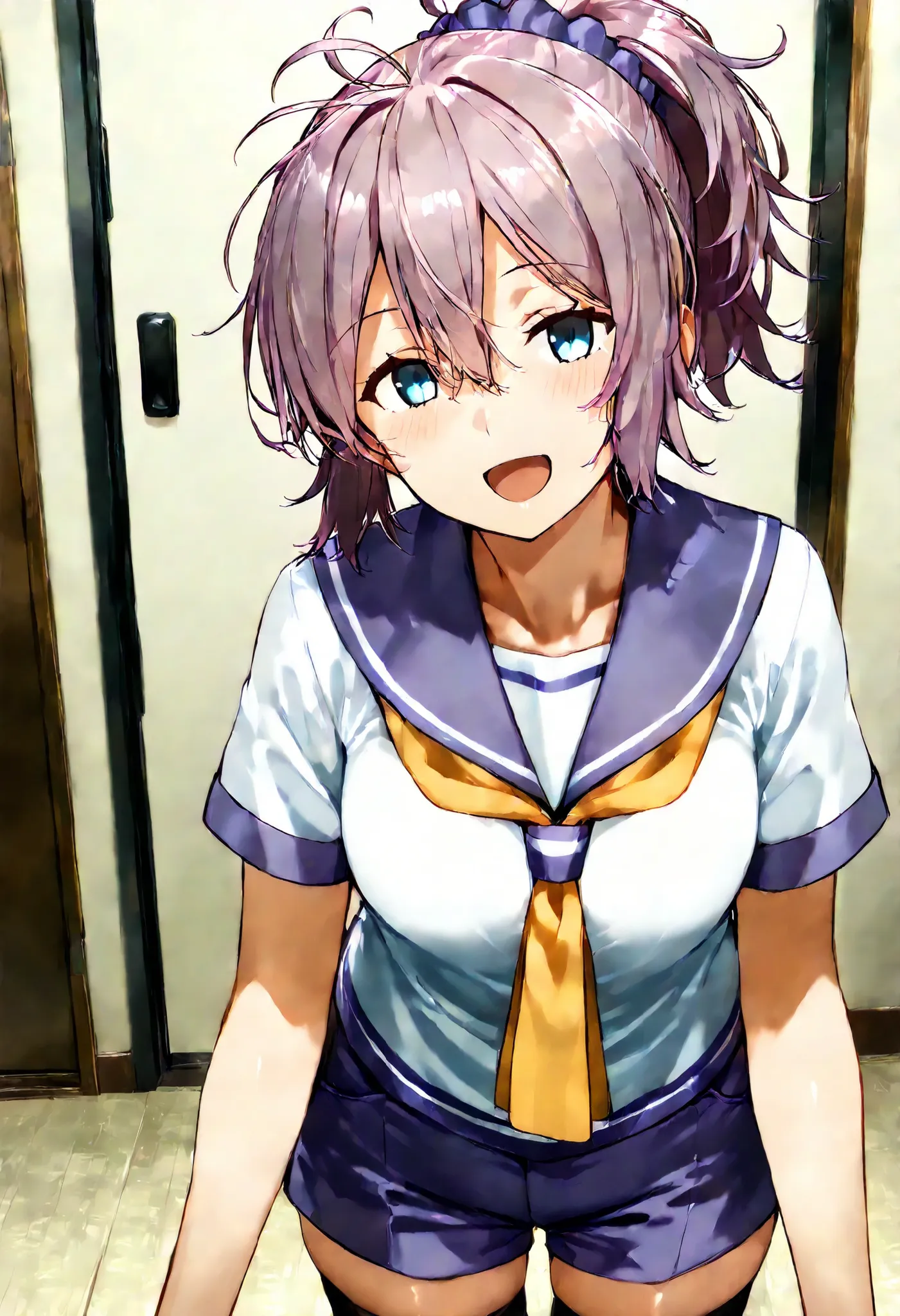Aoba (KANCOLLE))
one girl, solos, detailed skin, Smiling, Open your mouth,
score_9,score_8_up, score_7_up, Source_Anime, masterpiece, top quality, official art, official style,  game CG, 
aobakc, purple_hair, messy hair, short ponytail, blue eyes, aqua eye...