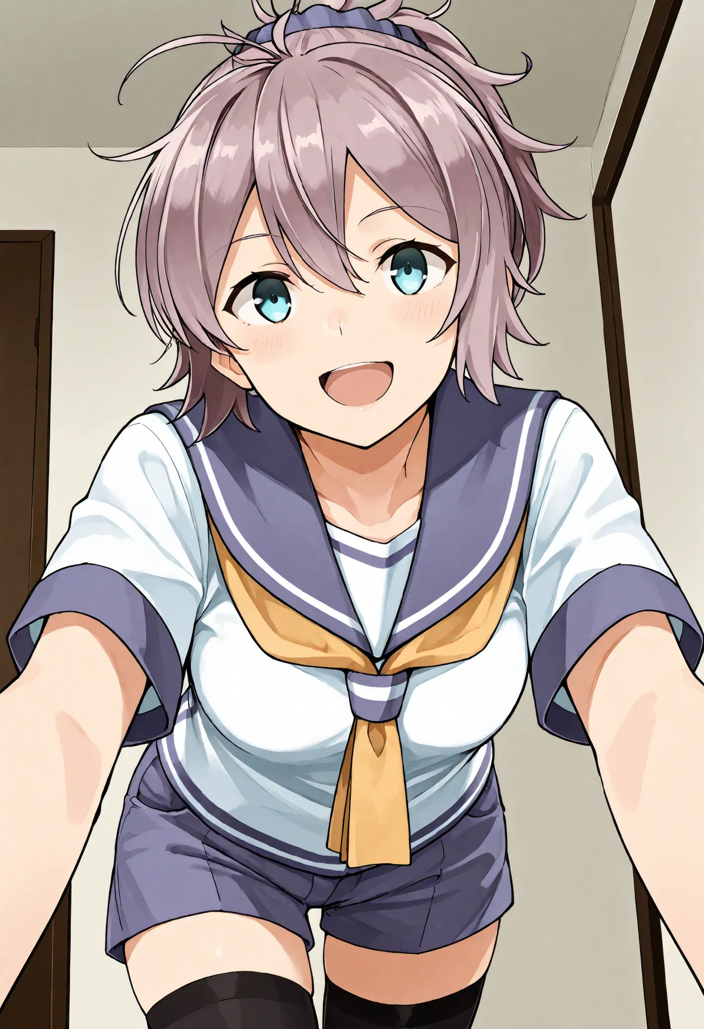 Aoba (KANCOLLE))
one girl, solos, detailed skin, Smiling, Open your mouth,
score_9,score_8_up, score_7_up, Source_Anime, masterpiece, top quality, official art, official style,  game CG, 
aobakc, purple_hair, messy hair, short ponytail, blue eyes, aqua eye...