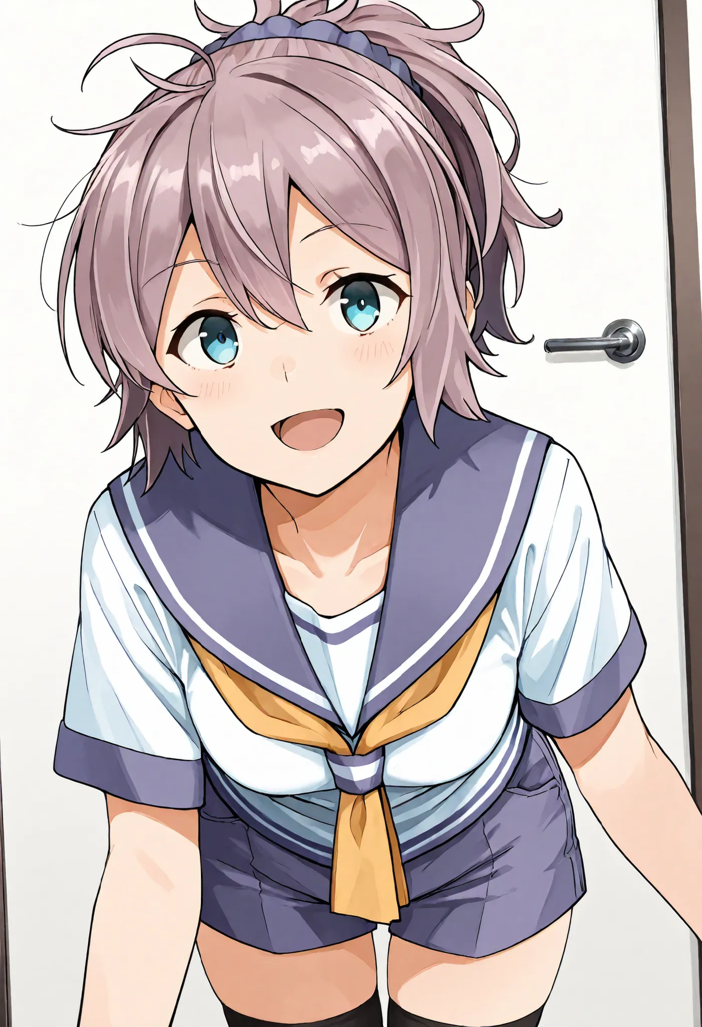 Aoba (KANCOLLE))
one girl, solos, detailed skin, Smiling, Open your mouth,
score_9,score_8_up, score_7_up, Source_Anime, masterpiece, top quality, official art, official style,  game CG, 
aobakc, purple_hair, messy hair, short ponytail, blue eyes, aqua eye...