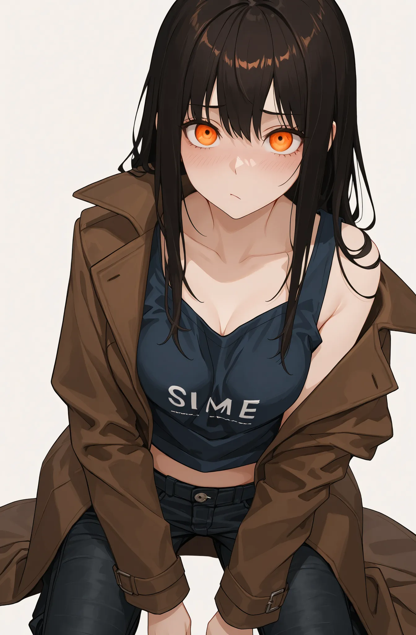 1girl , (solo),medium breasts:0.8, postal, brown coat, bright orange eyes, Beautiful eyes, dark blue tank top , bare torso, brown long hair ,  (the brown big center of the eye), (completely white background), black jeans, shy, ((Masterpiece)), ((highest qu...