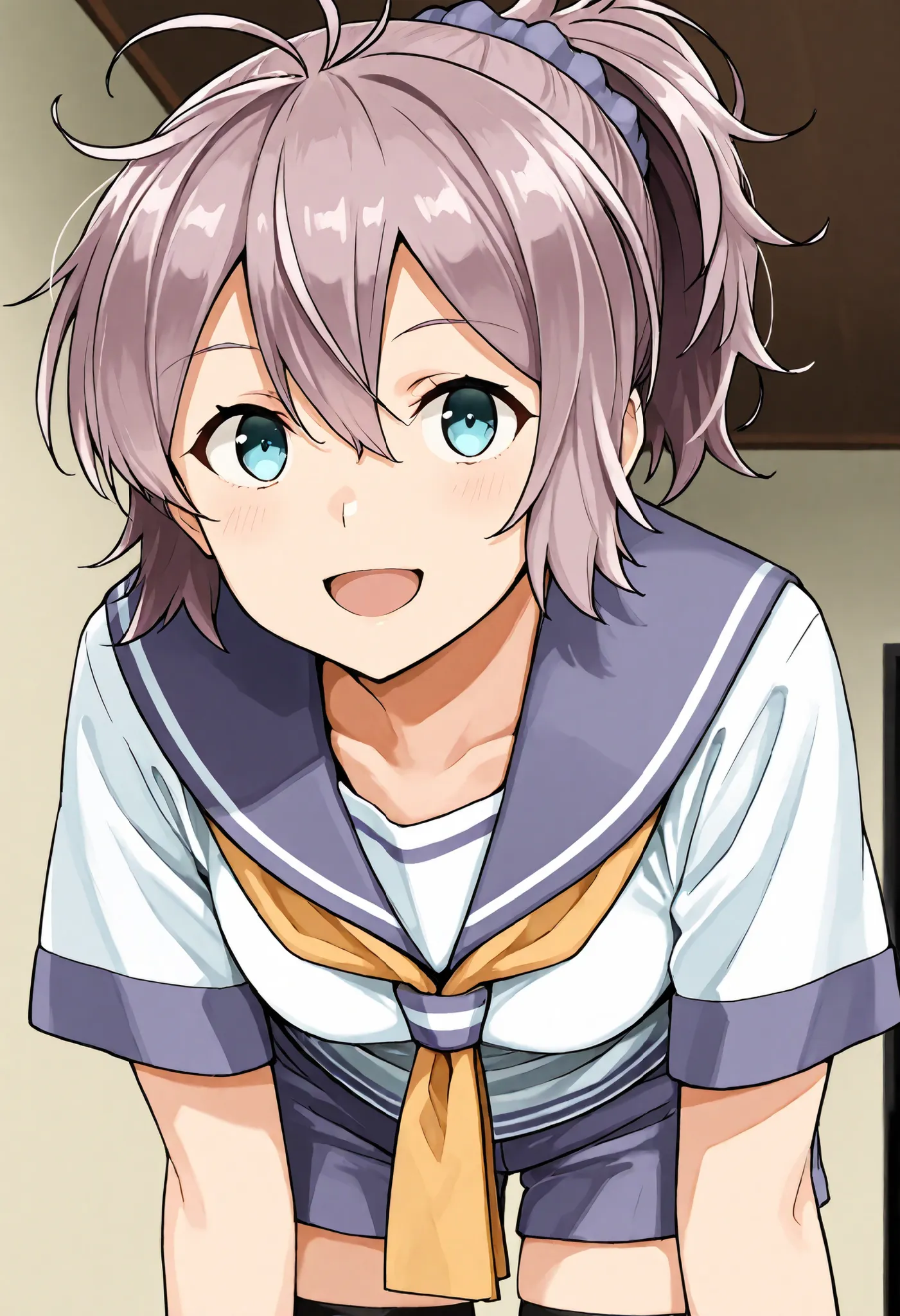 Aoba (KANCOLLE))
one girl, solos, detailed skin, Smiling, Open your mouth,
score_9,score_8_up, score_7_up, Source_Anime, masterpiece, top quality, official art, official style,  game CG, 
aobakc, purple_hair, messy hair, short ponytail, blue eyes, aqua eye...
