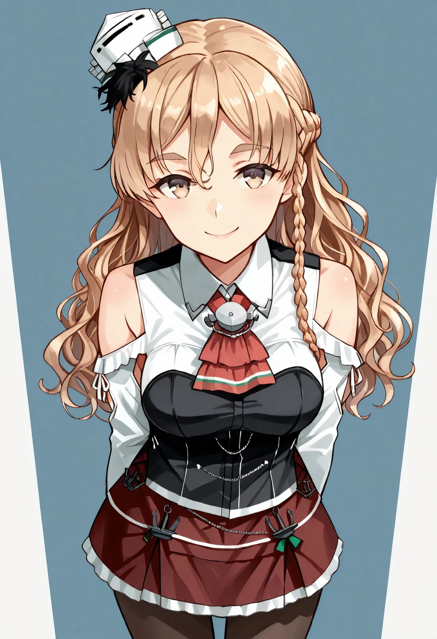Zara (KANCOLLE))
one girl, solos, detailed skin, Smiling, 
score_9,score_8_up, score_7_up, Source_Anime, masterpiece, top quality, official art, official style,  game CG, 
zaraKC, long hair,skirt, shirt, long sleeves, bare shoulders, braid, pantyhose, mini...