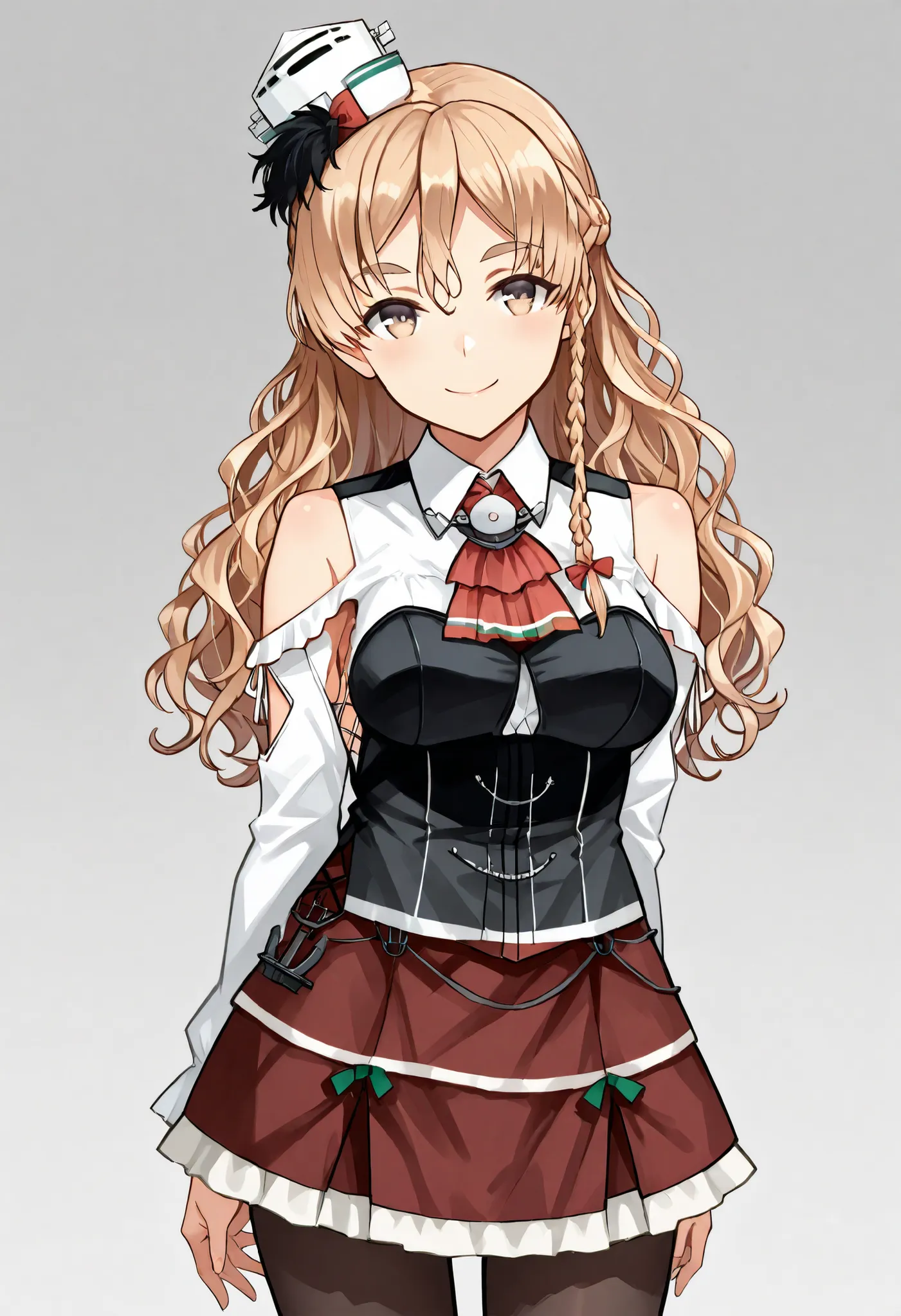 Zara (KANCOLLE))
one girl, solos, detailed skin, Smiling, 
score_9,score_8_up, score_7_up, Source_Anime, masterpiece, top quality, official art, official style,  game CG, 
zaraKC, long hair,skirt, shirt, long sleeves, bare shoulders, braid, pantyhose, mini...