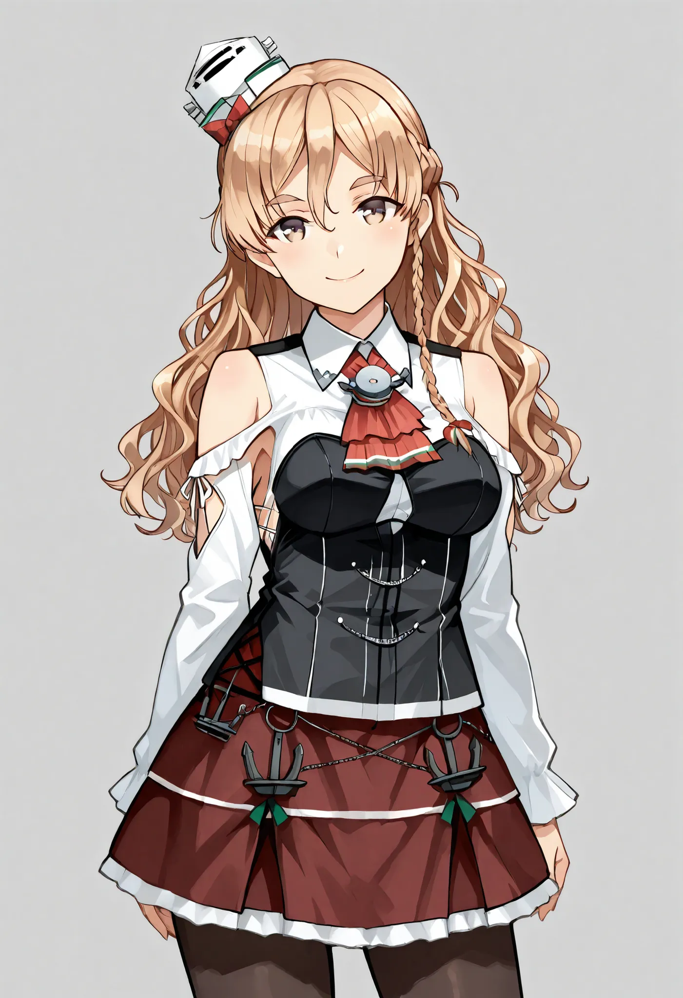 Zara (KANCOLLE))
one girl, solos, detailed skin, Smiling, 
score_9,score_8_up, score_7_up, Source_Anime, masterpiece, top quality, official art, official style,  game CG, 
zaraKC, long hair,skirt, shirt, long sleeves, bare shoulders, braid, pantyhose, mini...