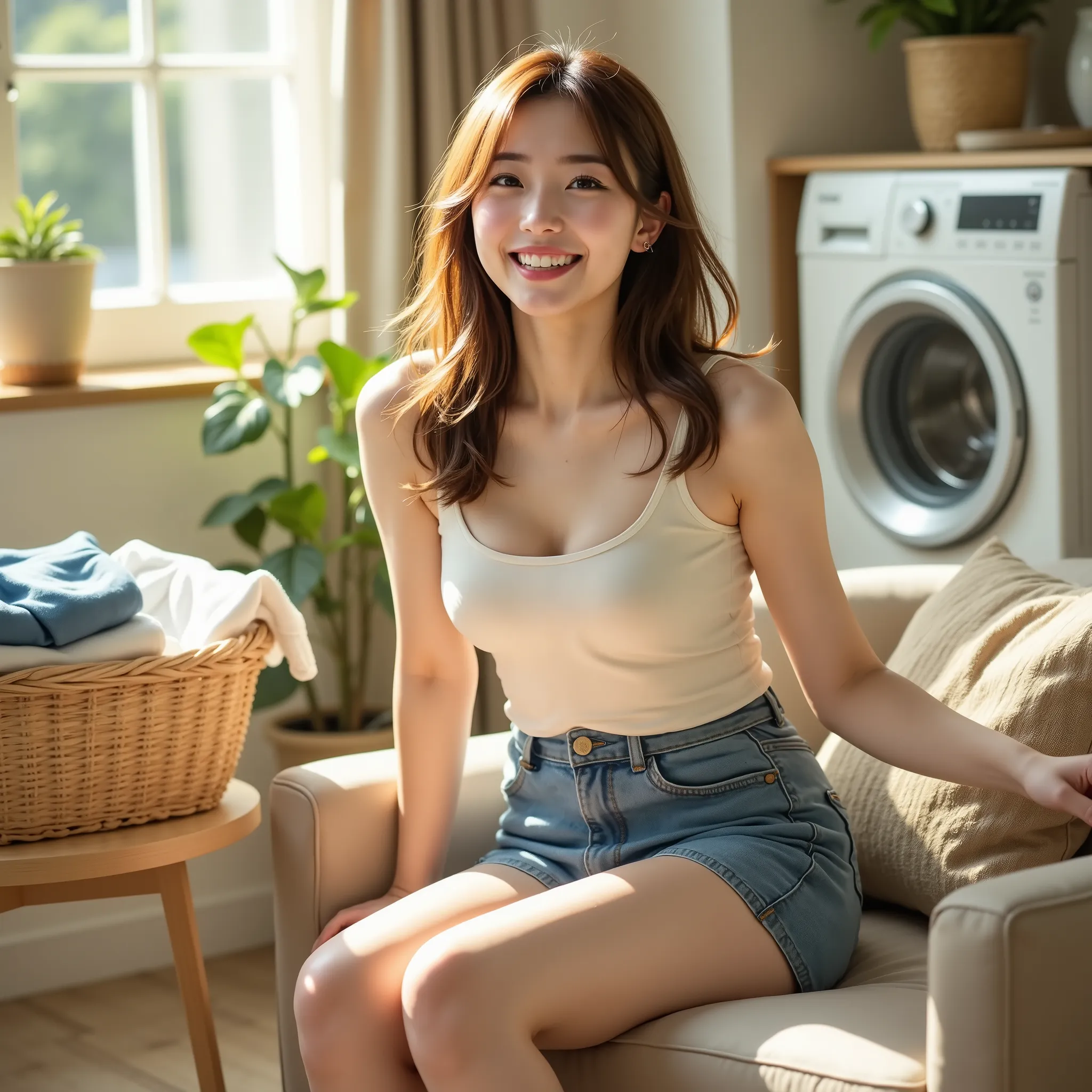 『one Japanese girl sitting on a sofa in a Western-style building:1 . 3』『Real photo:1 . 3』top quality:1 . chubby big 、 tight waist :1 . 9))、I can see her chest slightly、((２５old woman))、The whole body is shown、 unadorned『is showing her teeth and laughing:1 ....