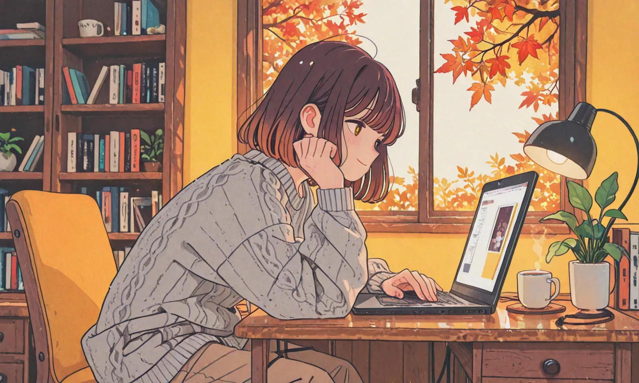 anime-style hand-drawn illustration, a focused woman with tied-up dark auburn hair working on a laptop at a wooden desk in a cozy Scandinavian-style room, autumn leaves visible through the window, wearing a gray knit sweater and brown wool pants, cup of te...