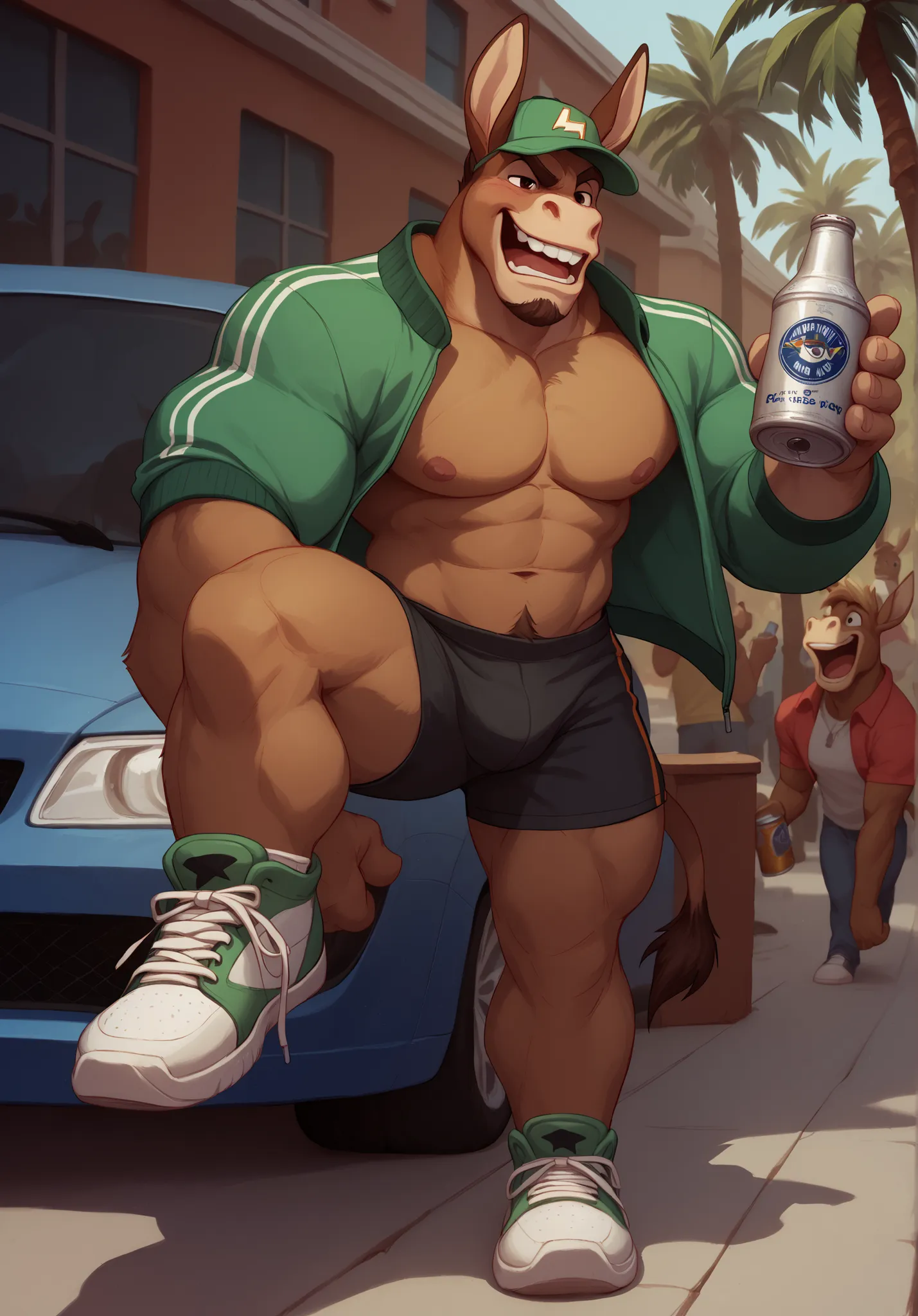 Wolfstar is a drunk letterman jacket wearing fraternity donkey himbo who spends his day braying and partying at the donk frat house!  masterpiece, best quality, amazing quality, solo, 1boy, null-ghost, Wolfstar from visual novel "Wolfstar: Sins and Paradis...