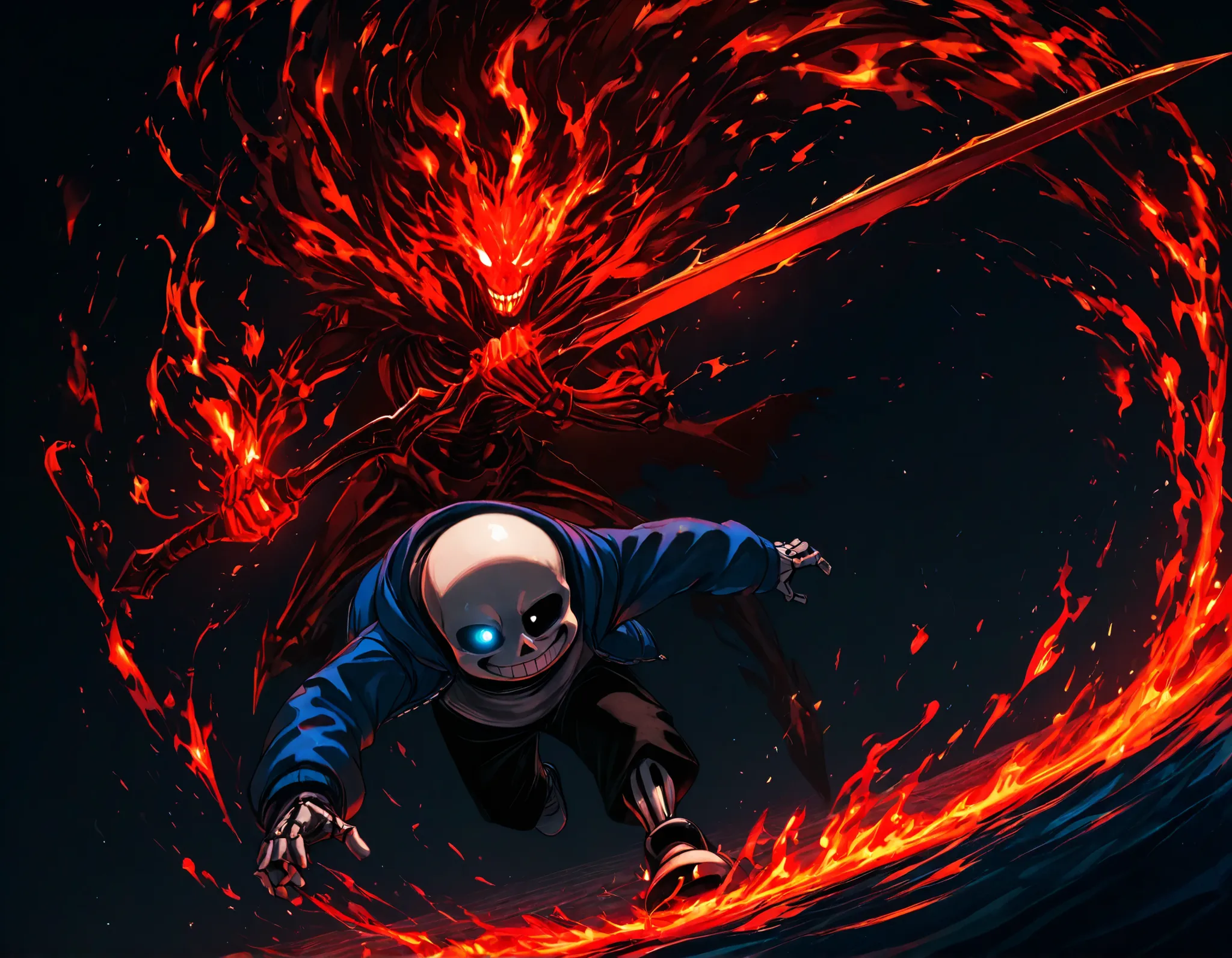 2boys, multiple boys, sans_(undertale), blue eye, glowing eye, grin, smie, skeleton, teeth, holding, holding_weapon, holding_sword, dragging, dynamic pose, papirus_(undertale), red eye, glowing eye, skeleton, smile, teeth, magic aura, fire, flaming hands, ...