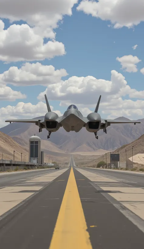 Send high-definition images、エリア51のSend high-definition images、F-22 Raptor、View from、The long runway and hangar are visible {x} passes over it。