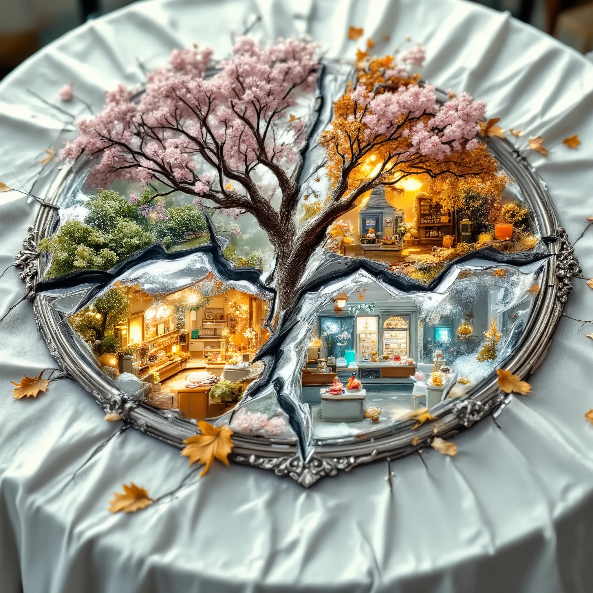 A surreal close-up of a grand circular table draped in a pristine white tablecloth, centered with an ornate round mirror shattered into four perfectly symmetrical fragments. Each shard reflects a unique seasonal scene surrounding an ancient tree, and nestl...