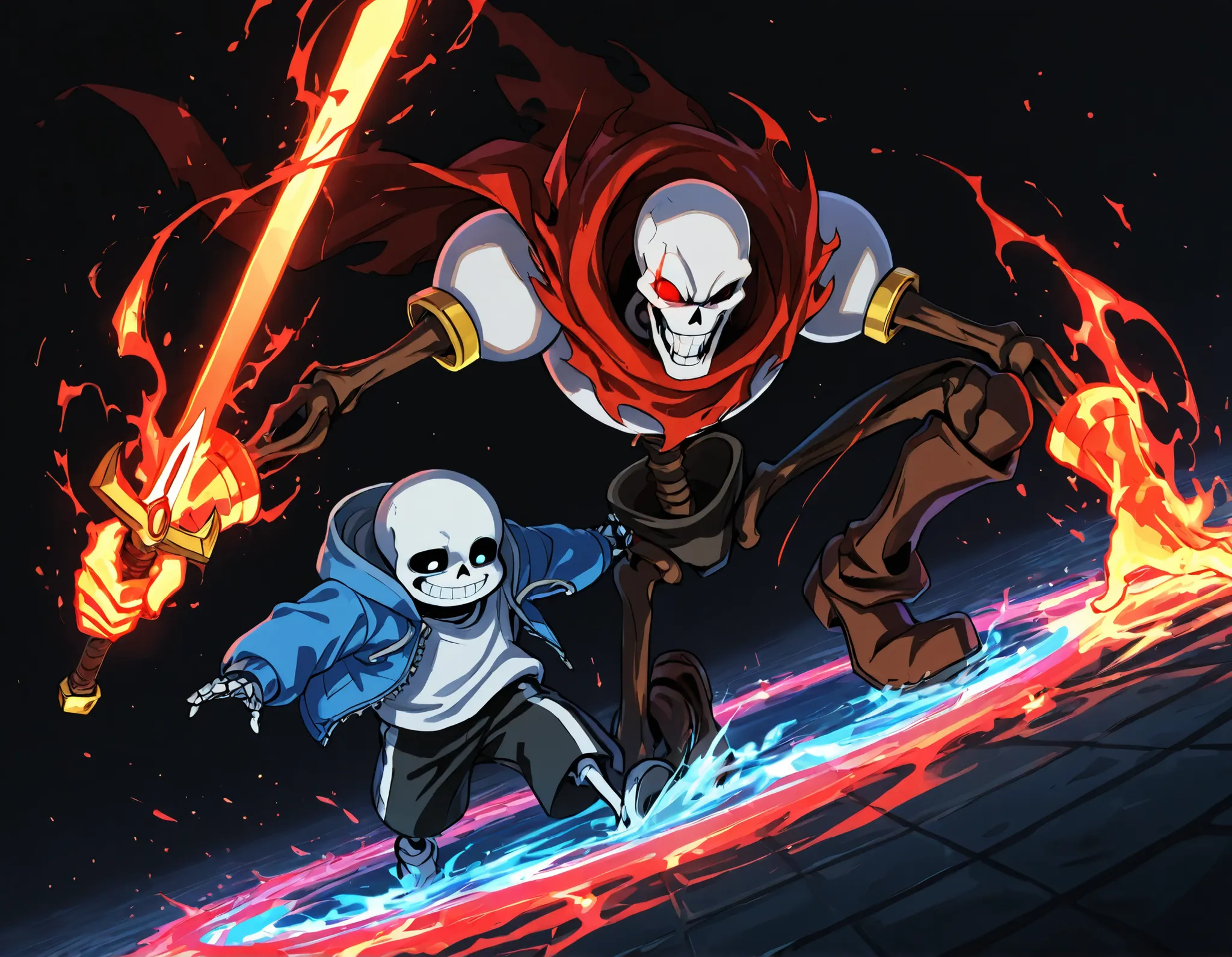 2boys, multiple boys, sans_(undertale), blue eye, glowing eye, grin, smie, skeleton, teeth, holding, holding_weapon, holding_sword, dragging, dynamic pose. BREAK papyrus_(undertale), red eye, glowing eye, skeleton, smile, teeth, magic aura, flaming hands, ...