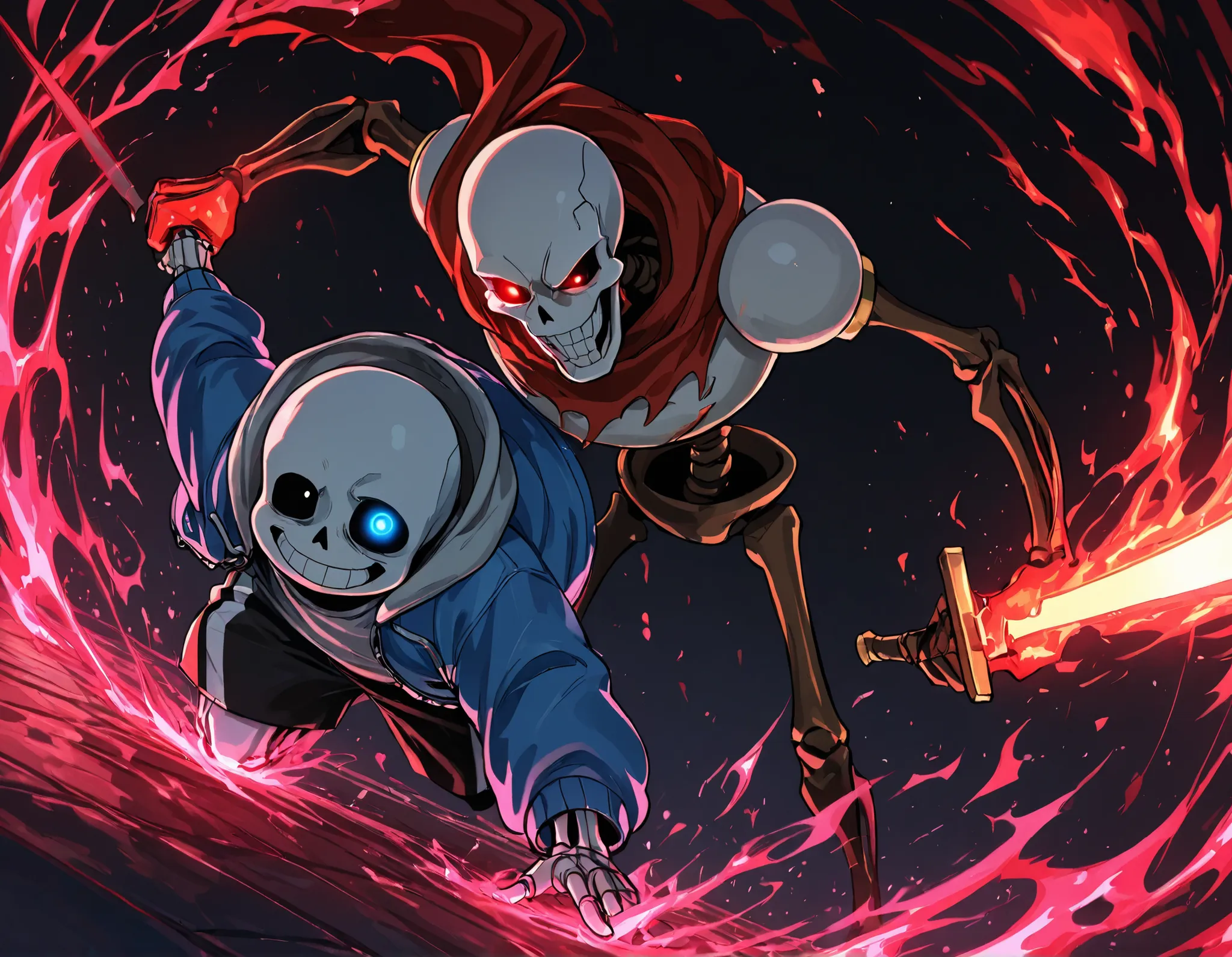 2boys, multiple boys, sans_(undertale), blue eye, glowing eye, grin, smie, skeleton, teeth, holding, holding_weapon, holding_sword, dragging, dynamic pose. BREAK papyrus_(undertale), red eye, glowing eye, skeleton, smile, teeth, magic aura, flaming hands, ...