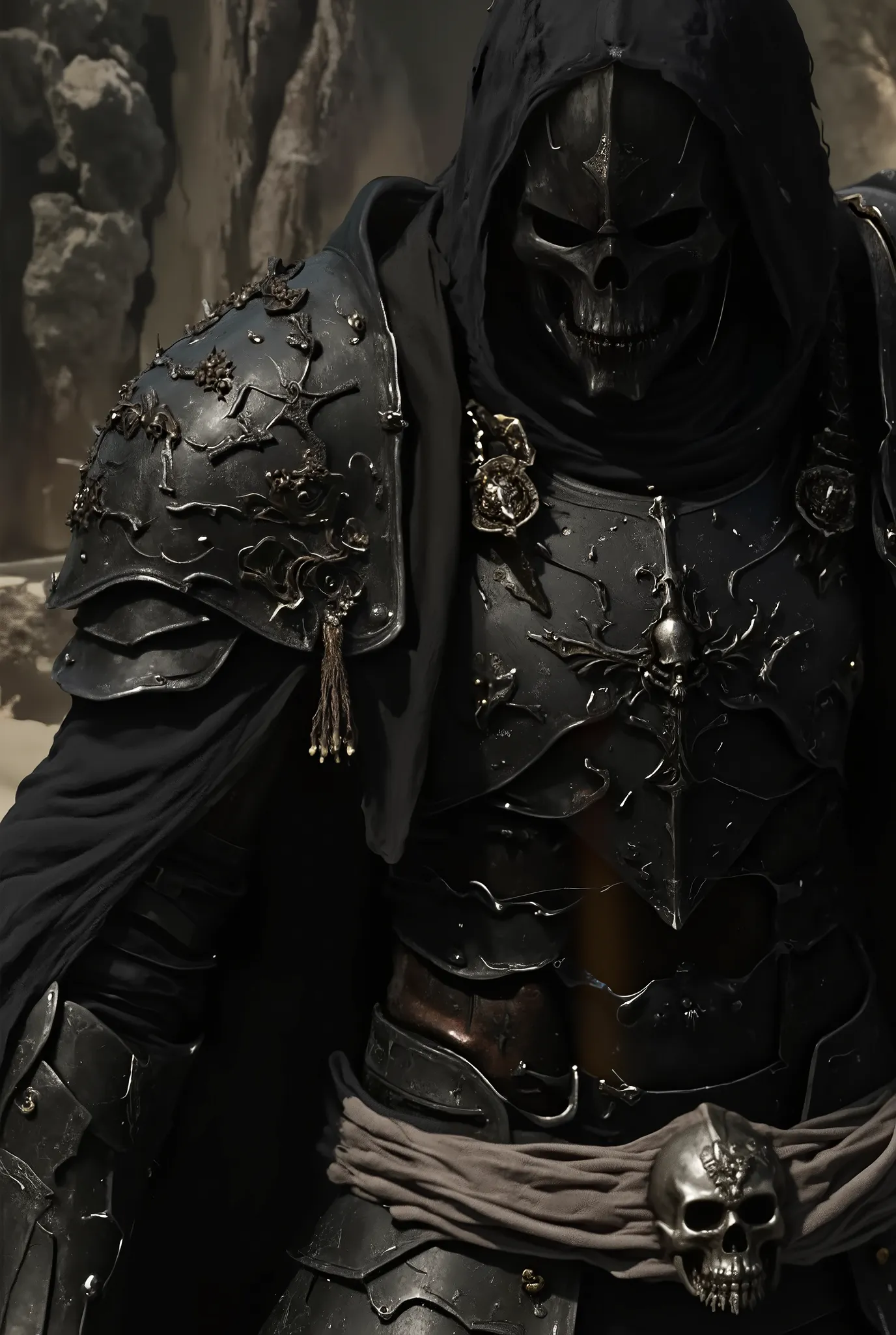 a man in black armor with a skull helmet, gunmetal ornamentation, highly detailed action photograph, extreme intricate detail, dynamic pose cinematic dramatic lighting, moody dark fantasy atmosphere, epic heroic pose, photorealistic, 8K, HDR, physically-ba...