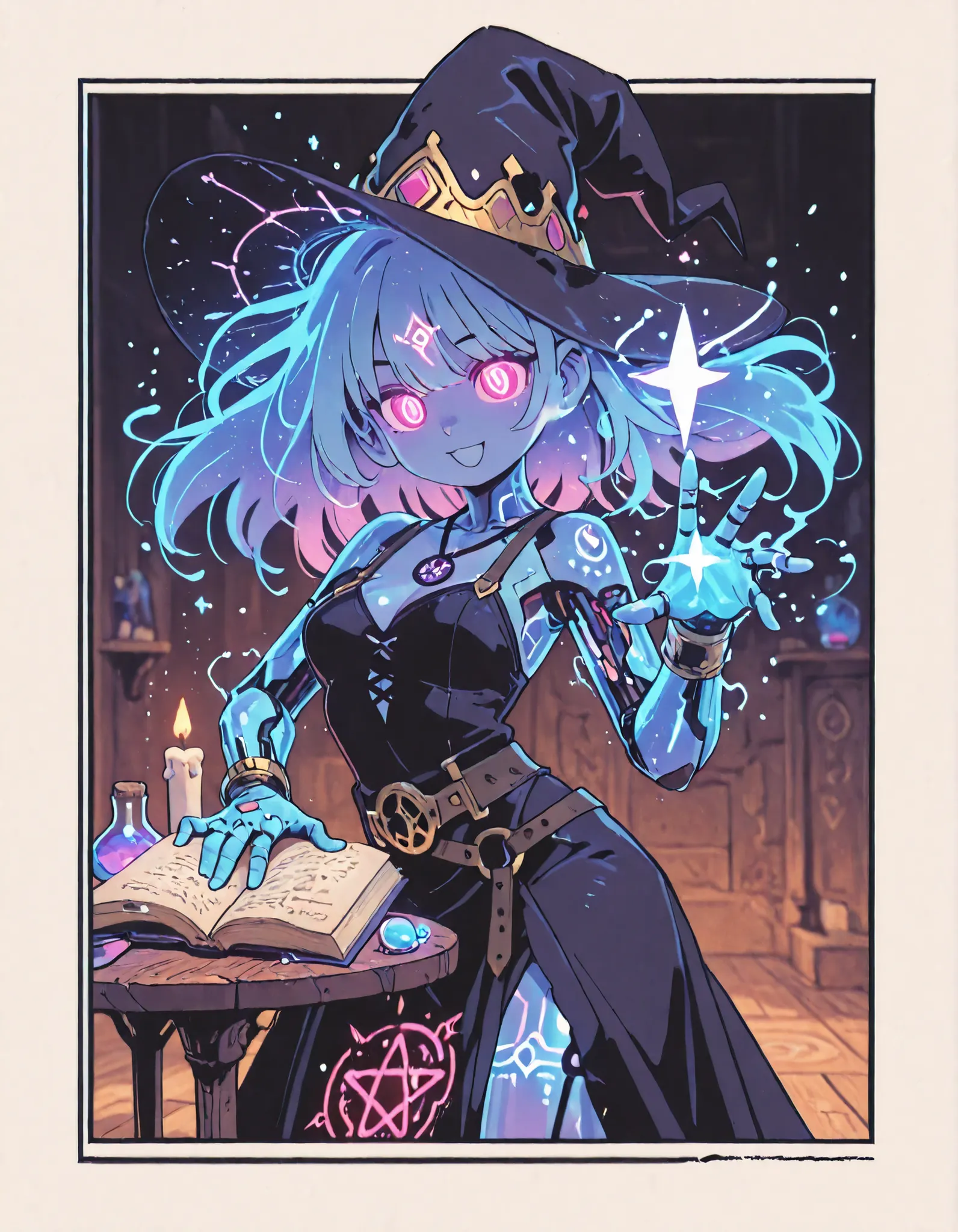 depicts a modern-day witch who has embraced the world of cybernetics to enhance her magical abilities. The artwork should convey the enchanting blend of traditional witchcraft and futuristic technology. Here are some specific elements to include: The Witch...