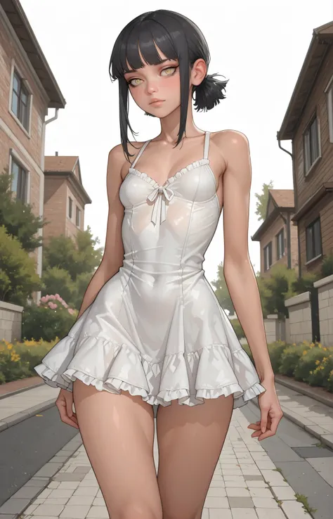 score_9, score_8_up, score_7_up, score_6_up, 8k, high detailed picture, anime style, masterpiece, very young girl, small perfect breasts, (thin, slender, narrow shoulders and hips, anorexic girl, slender legs and arms), hmuro, black hair, short hair, two s...