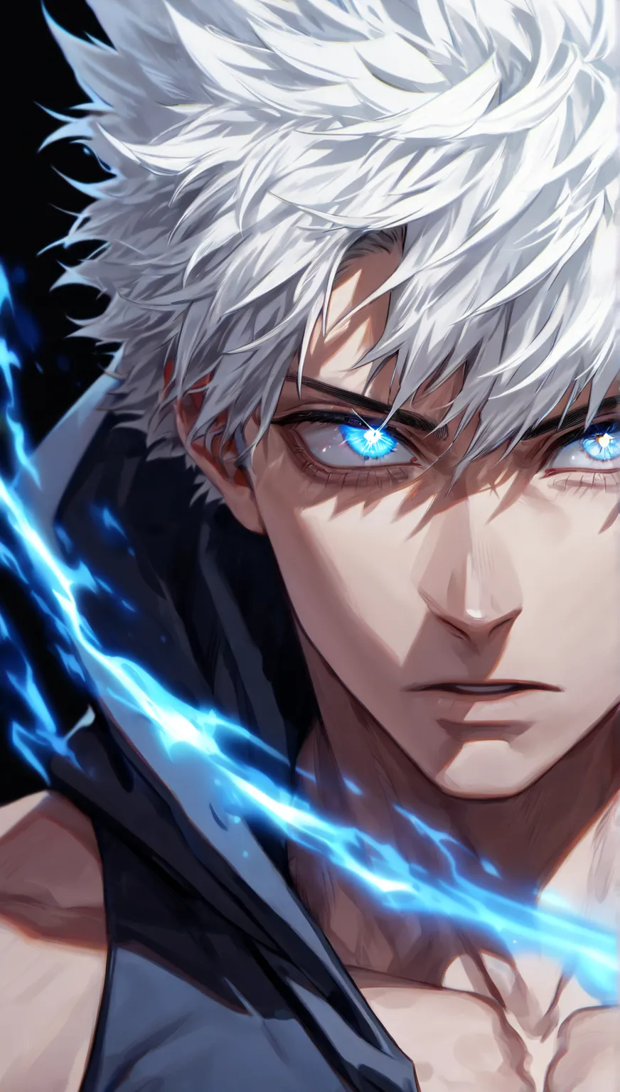 Ultra detailed, ((Alone un hombre)) high resolution, Masterpiece, ((White hair )) ((  celestial eyes)),(( A man with black hair))  expressive,((detailed)) (( a tight sleeveless hooded shirt)), My hero academia, a handsome and sexy man, ((Alone)), brilliant, toned chest, ((detailed face and eyes,)) perfect way, better quality,  Black background,a blue energy aura blue Close-up of a focused man