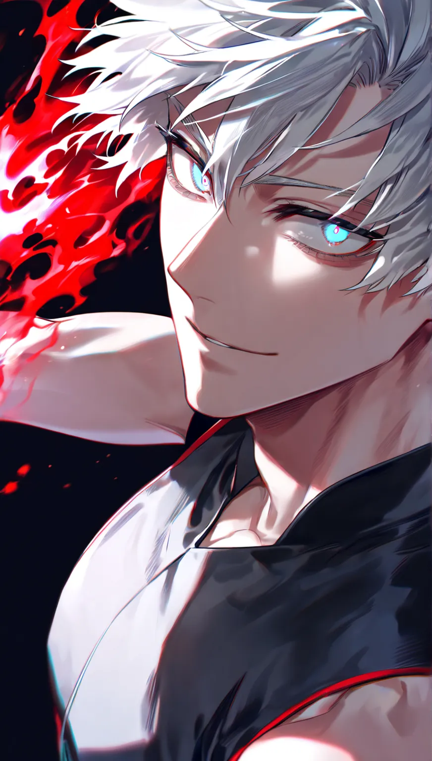 Ultra detailed, ((Alone un hombre)) high resolution, Masterpiece, ((White hair )) ((  heavenly eyes color red)),(( A man with black hair))  expressive,((detailed)) a slight smile,  attractive look, (( a tight white sleeveless shirt with a black vest)), My hero academia, a handsome and sexy man, ((Alone)), brilliant, toned chest, ((detailed face and eyes,)) perfect way, better quality,  Black background,a red energy red aura Close-up of a focused man