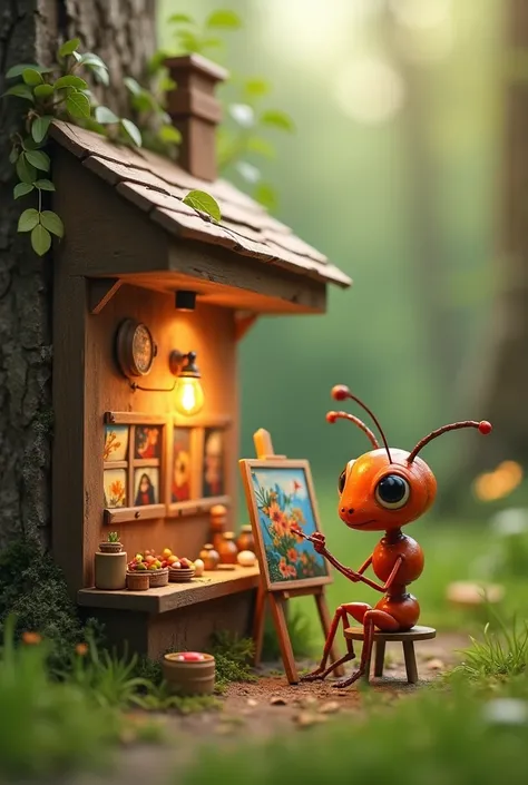 Ant's painting shop . , the price is also included.
sitting on a chair in front of the easel made of tree branches , 주인공 Ant  열심히 그림을 그리고 있다.
One wall of the ant's mini store is open so you can see the inside of the store. It's an ant mini store made in the shape of a box with small pieces of paper attached., 
I'm looking closely at the ant store where I'm drawing a picture {x}} There are small lights in the painting room, and various pictures drawn by the protagonist of the ant are hanging on the wall.
Ant  자신이 그린 그림을 판매하기 위해서 좌판(Stall)If a picture drawn by an ant is displayed on.
Ant's painting shop 안에는 여러가지 그림 그리는 도구들과 물건들이 쌓여 있다.
In the grass in front of the human woman's garden, Ant's mini painting shop .
Ant , to give it as a gift , The woman is diligently drawing in front of the easel without even knowing that she is watching .
is a huge human woman looking into the background.. The face with long, black hair looks big, and, 
This place is a very small little ant's mini store and mini studio..
What the ant is drawing in front of the easel is , Portrait of a woman . and probably .