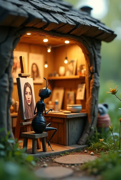 Ant's painting shop . , the price is also included.
sitting on a chair in front of the easel made of tree branches , 주인공 Ant  열심히 그림을 그리고 있다.
One wall of the ant's mini store is open so you can see the inside of the store. It's an ant mini store made in the shape of a box with small pieces of paper attached., 
I'm looking closely at the ant store where I'm drawing a picture {x}} There are small lights in the painting room, and various pictures drawn by the protagonist of the ant are hanging on the wall.
Ant  자신이 그린 그림을 판매하기 위해서 좌판(Stall)If a picture drawn by an ant is displayed on.
Ant's painting shop 안에는 여러가지 그림 그리는 도구들과 물건들이 쌓여 있다.
In the grass in front of the human woman's garden, Ant's mini painting shop .
Ant , to give it as a gift , The woman is diligently drawing in front of the easel without even knowing that she is watching .
What the ant is drawing in front of the easel is , Portrait of a woman . and probably .
is a close-up look at the face of an incredibly huge human woman in the background. An innocent face with long, black hair looks big, and, 
This place is a very small little ant's mini store and mini studio..