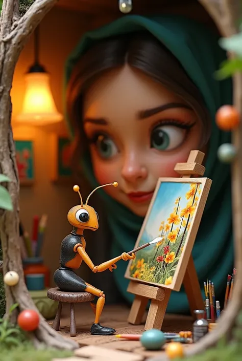 Ant's painting shop . , the price is also included.
sitting on a chair in front of the easel made of tree branches , 주인공 Ant  열심히 그림을 그리고 있다.
One wall of the ant's mini store is open so you can see the inside of the store. It's an ant mini store made in the shape of a box with small pieces of paper attached., 
I'm looking closely at the ant store where I'm drawing a picture {x}} There are small lights in the painting room, and various pictures drawn by the protagonist of the ant are hanging on the wall.
Ant  자신이 그린 그림을 판매하기 위해서 좌판(Stall)If a picture drawn by an ant is displayed on.
Ant's painting shop 안에는 여러가지 그림 그리는 도구들과 물건들이 쌓여 있다.
In the grass in front of the human woman's garden, Ant's mini painting shop .
Ant , to give it as a gift , The woman is diligently drawing in front of the easel without even knowing that she is watching .
What the ant is drawing in front of the easel is , Portrait of a woman . and probably .
is a close-up look at the face of an incredibly huge human woman in the background. An innocent face with long, black hair looks big, and, 
The ant store where the picture is being painted is looking closely with a smile and a smile.