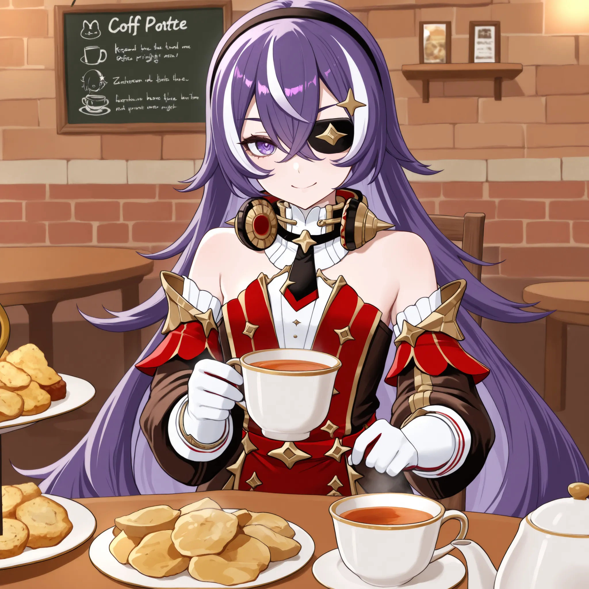 masterpiece, top quality, solo, Curvy,, zzChevreuse, PURPLE EYES, hair between the eyes, Long Hair, multicolored hair, purple hair, striped hair, white hair, has, earmuffs, eye patch, bare shoulders, Gold trim, 黒 butt under pants, butt under pants, Puff Sl...
