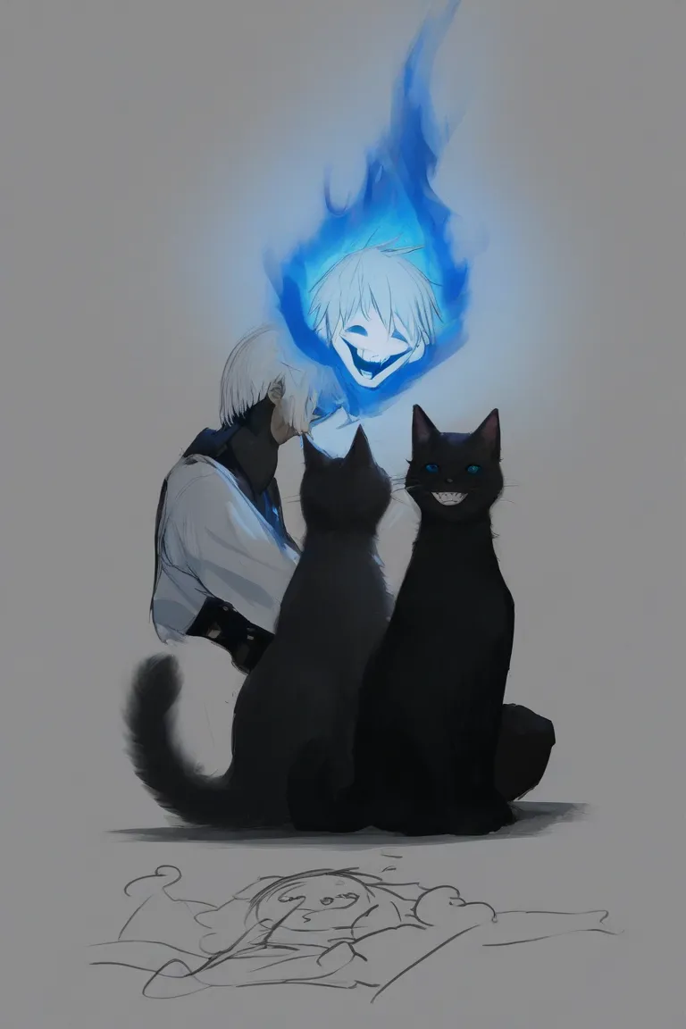 A ghostly boy, blue glow, with short white hair, black clothes with drawings of black cats, smiling, detailed, anime style, type upscale