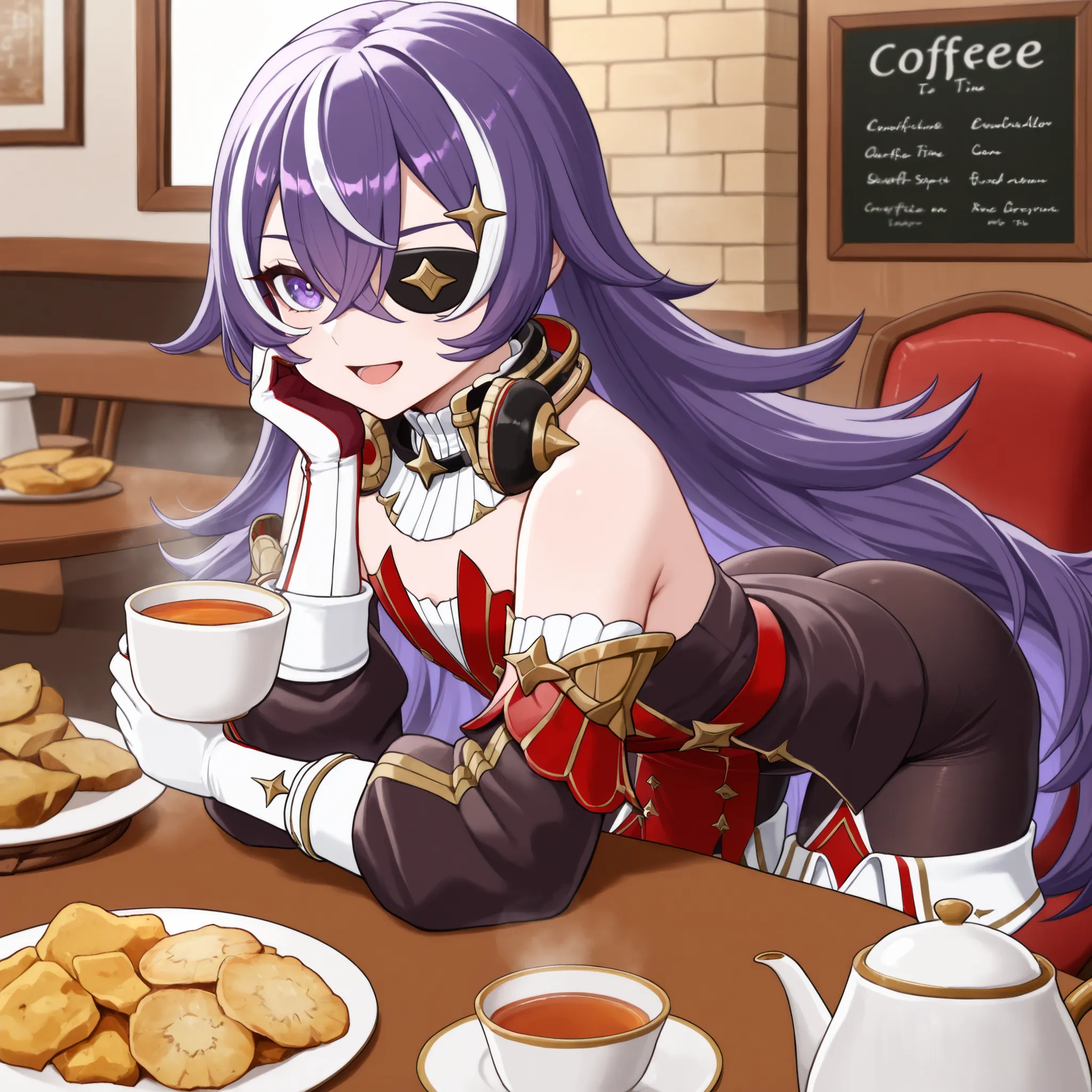 masterpiece, top quality, solo, Curvy,, zzChevreuse, PURPLE EYES, hair between the eyes, Long Hair, multicolored hair, purple hair, striped hair, white hair, has, earmuffs, eye patch, bare shoulders, Gold trim, 黒 butt under pants, butt under pants, Puff Sl...